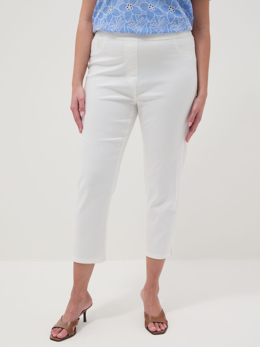 White slim fit stretch cotton blend trousers_1