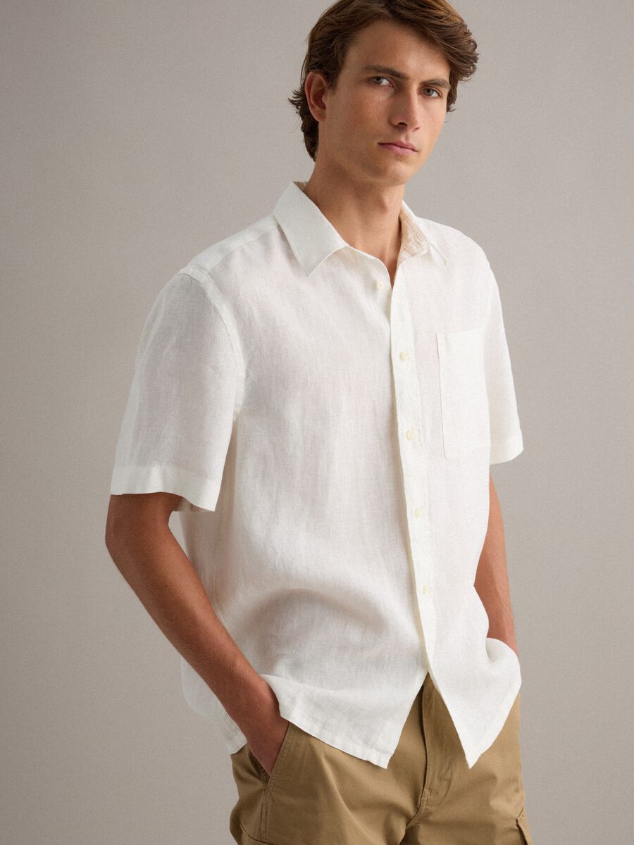 Camicia a maniche corte in puro lino bianca regular fit con taschino_0