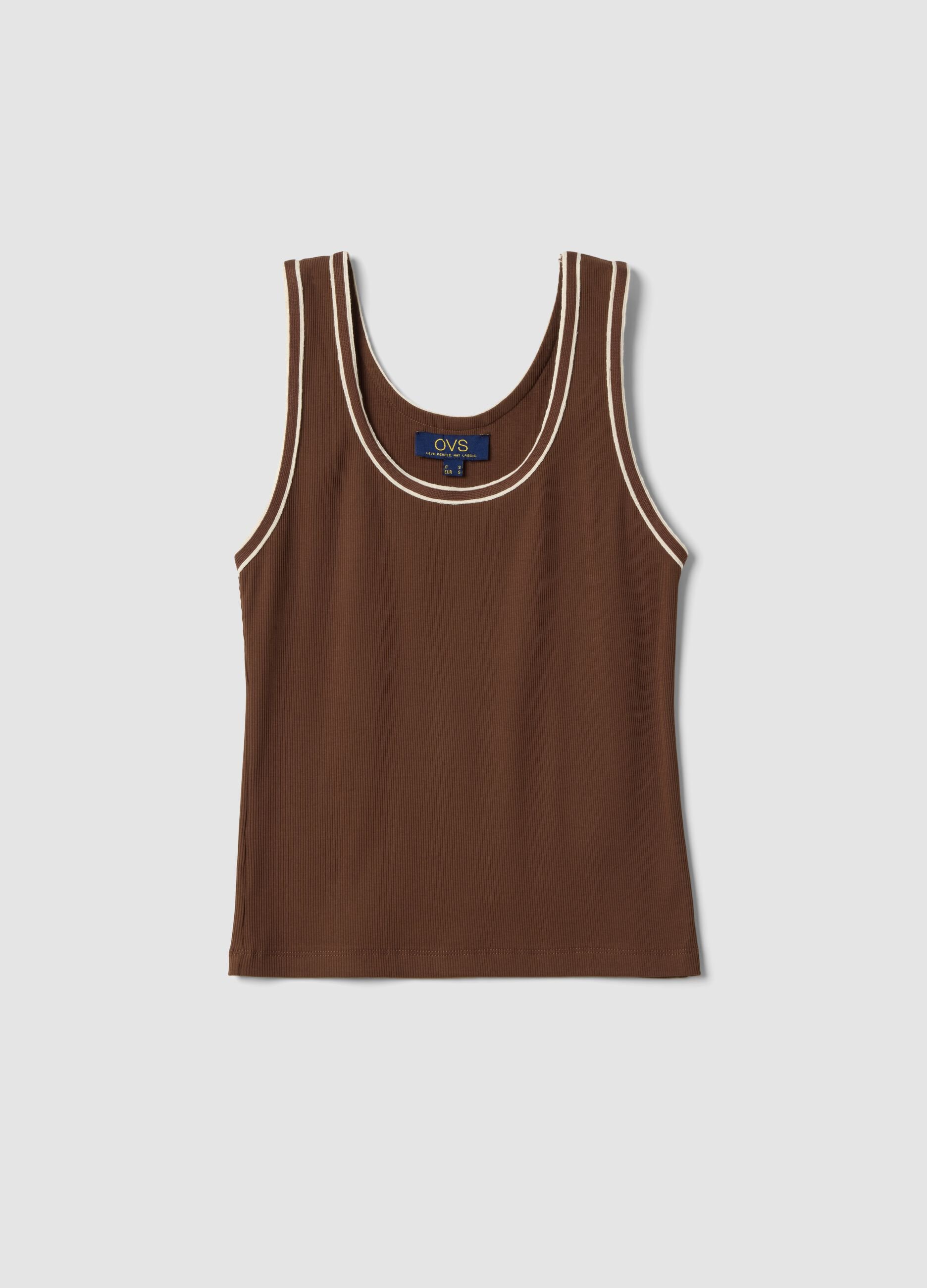 Brown regular-fit stretch cotton tank top with trim