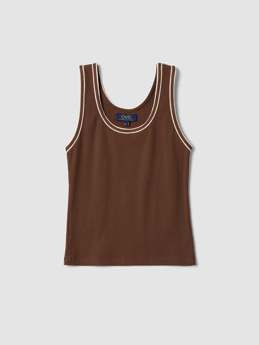 Brown regular-fit stretch cotton tank top with trim_4
