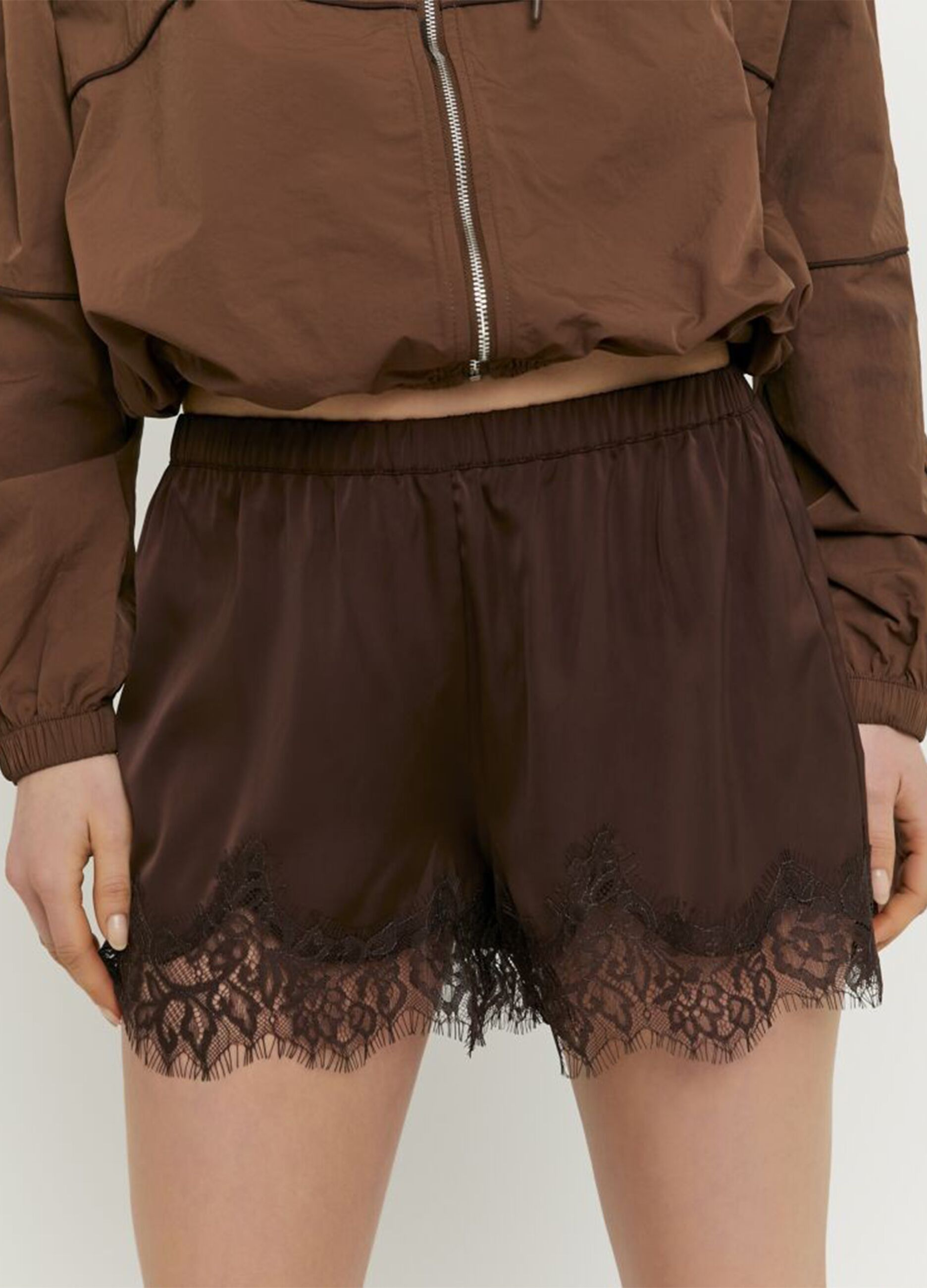 Brown stretch shorts with lace trim