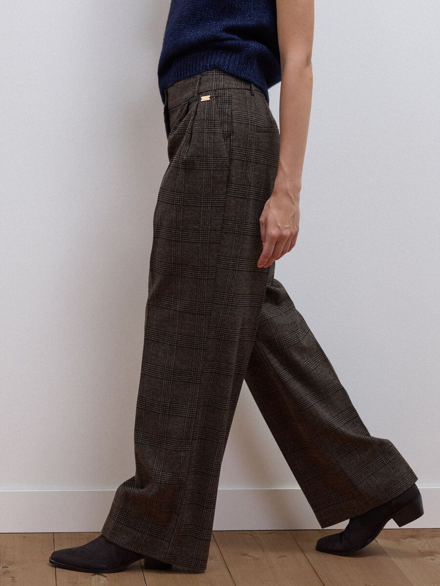 Brown wide-leg checked stretch-viscose trousers_3