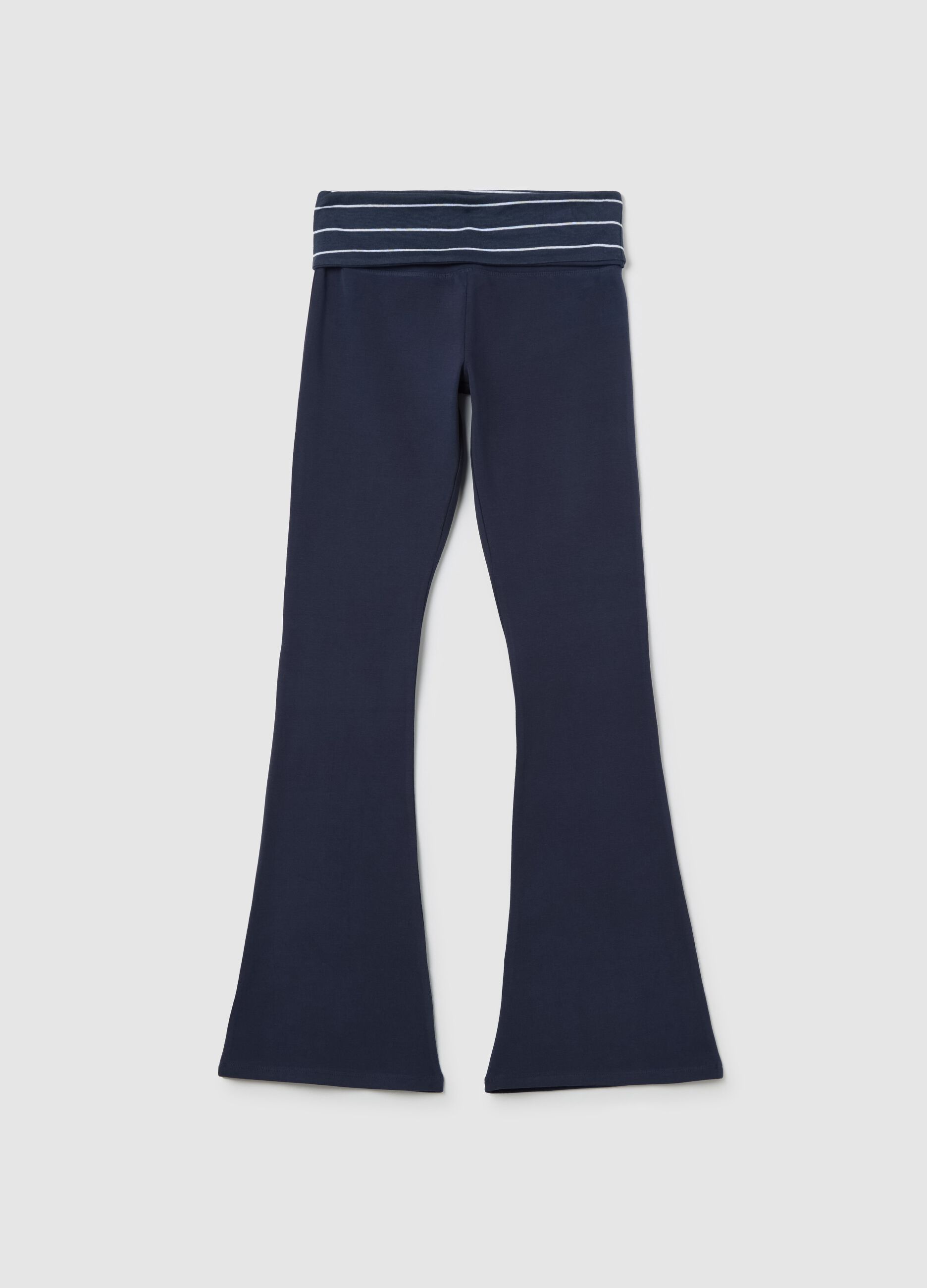 Blue flare-fit leggings with striped fold at the waist
