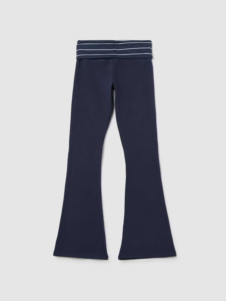 Blue flare-fit leggings with striped fold at the waist_4