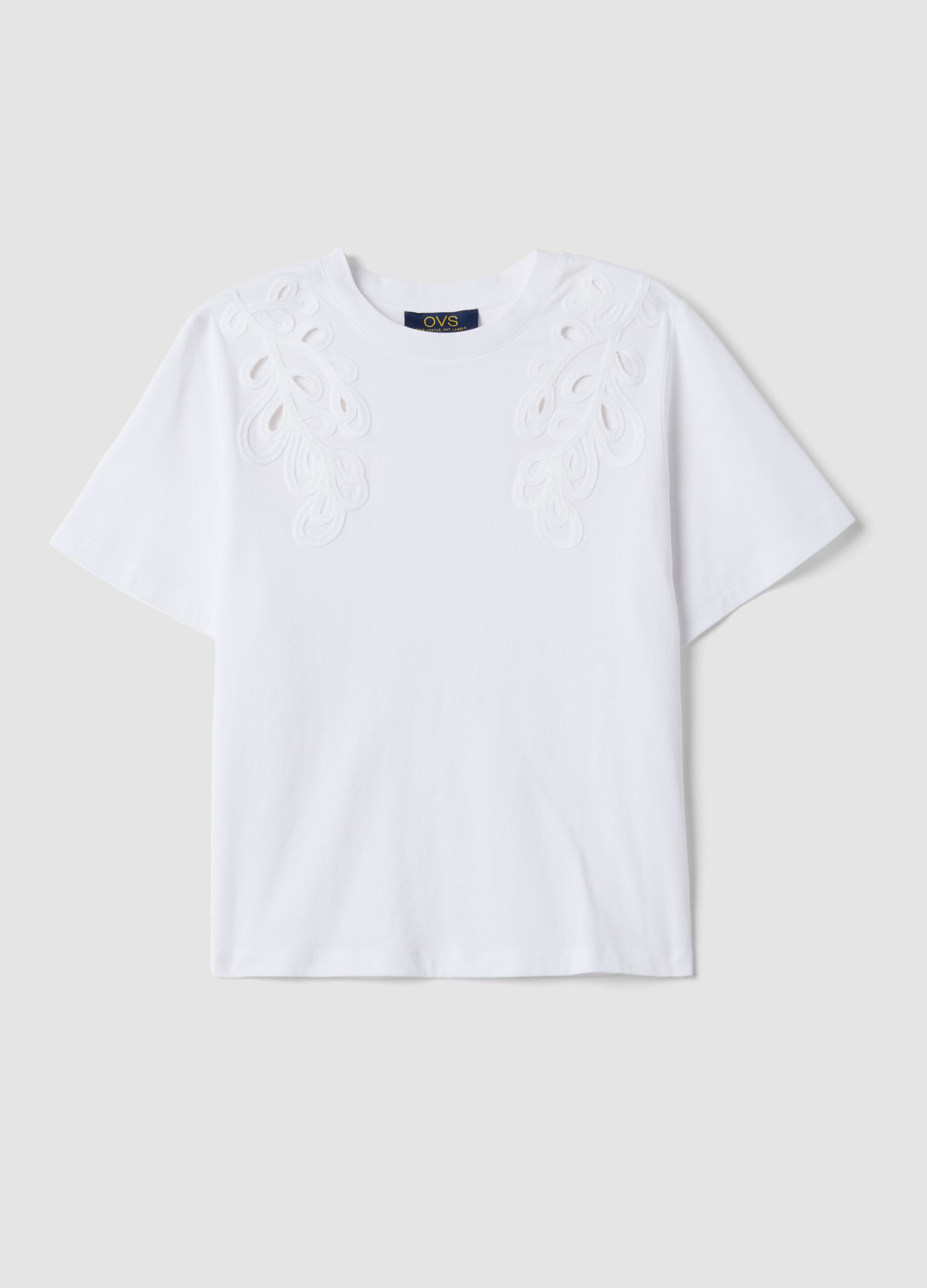 T-shirt bianca in puro cotone con ricami regular fit