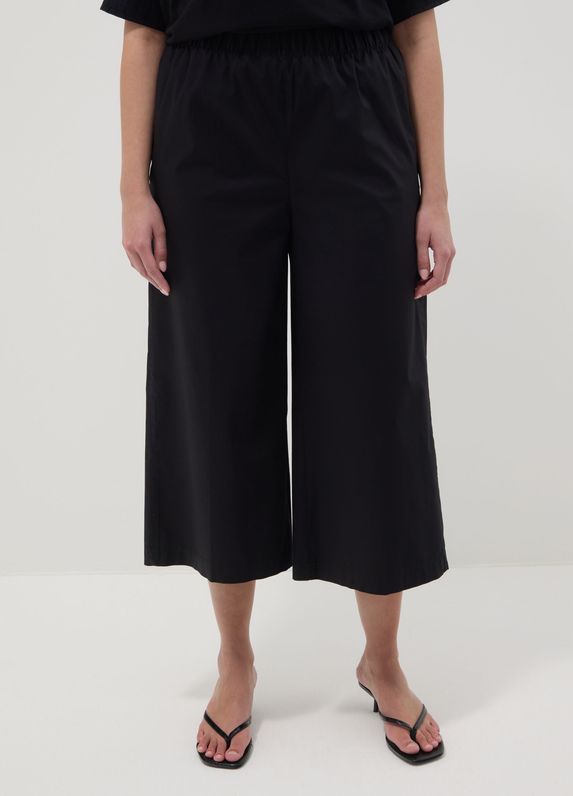 Black stretch cotton wide-leg trousers