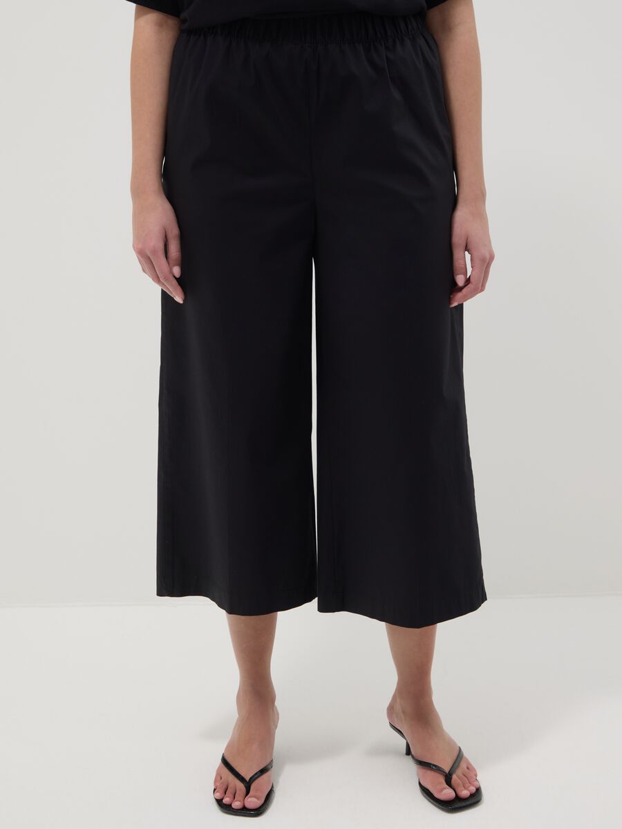 Black stretch cotton wide-leg trousers_1