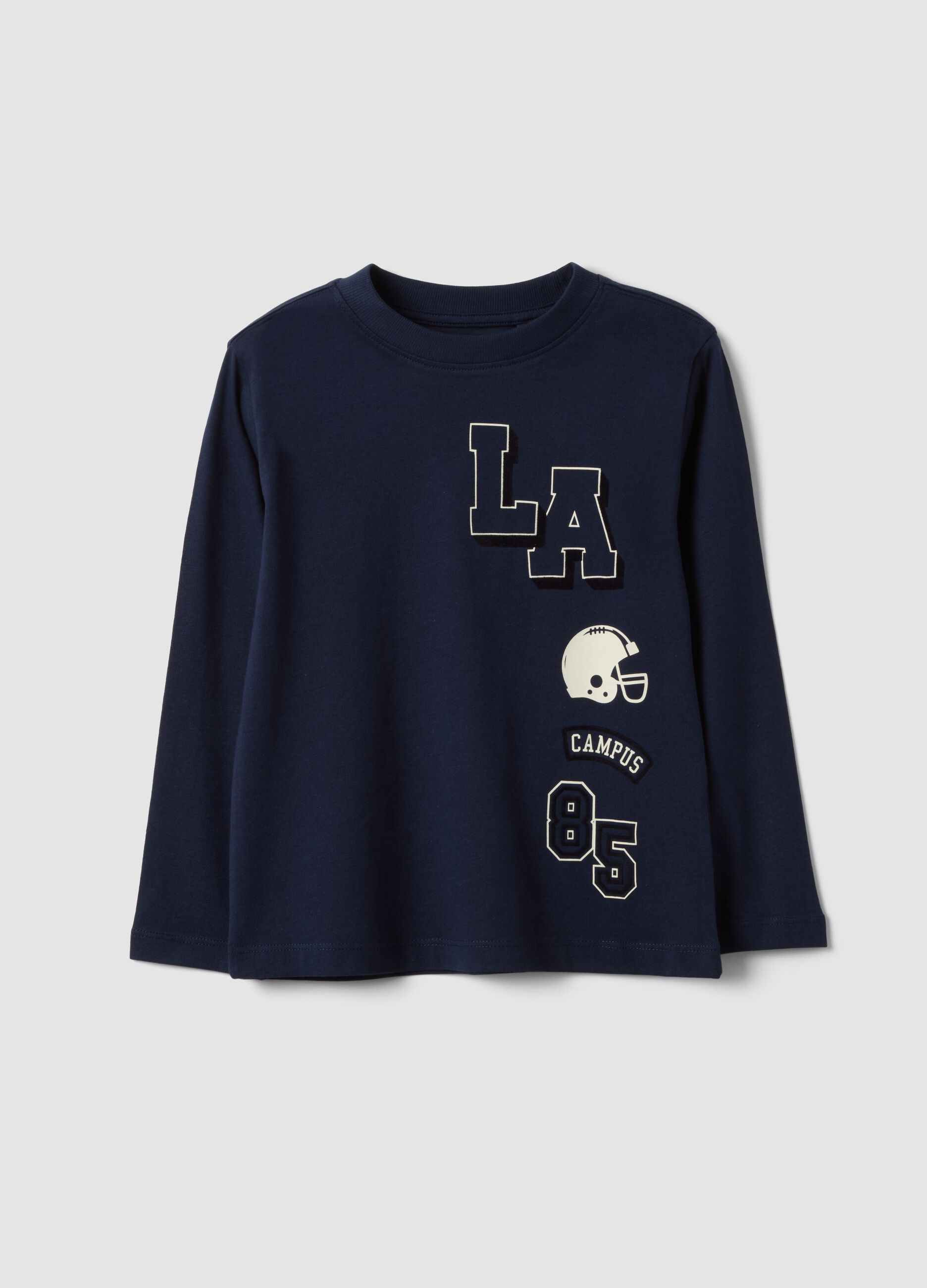 Blue cotton and viscose blend T-shirt with college print for boys