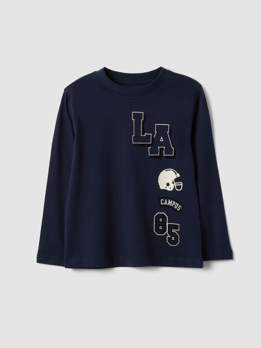 T-shirt blu in misto cotone e viscosa con stampa college per bambino_0