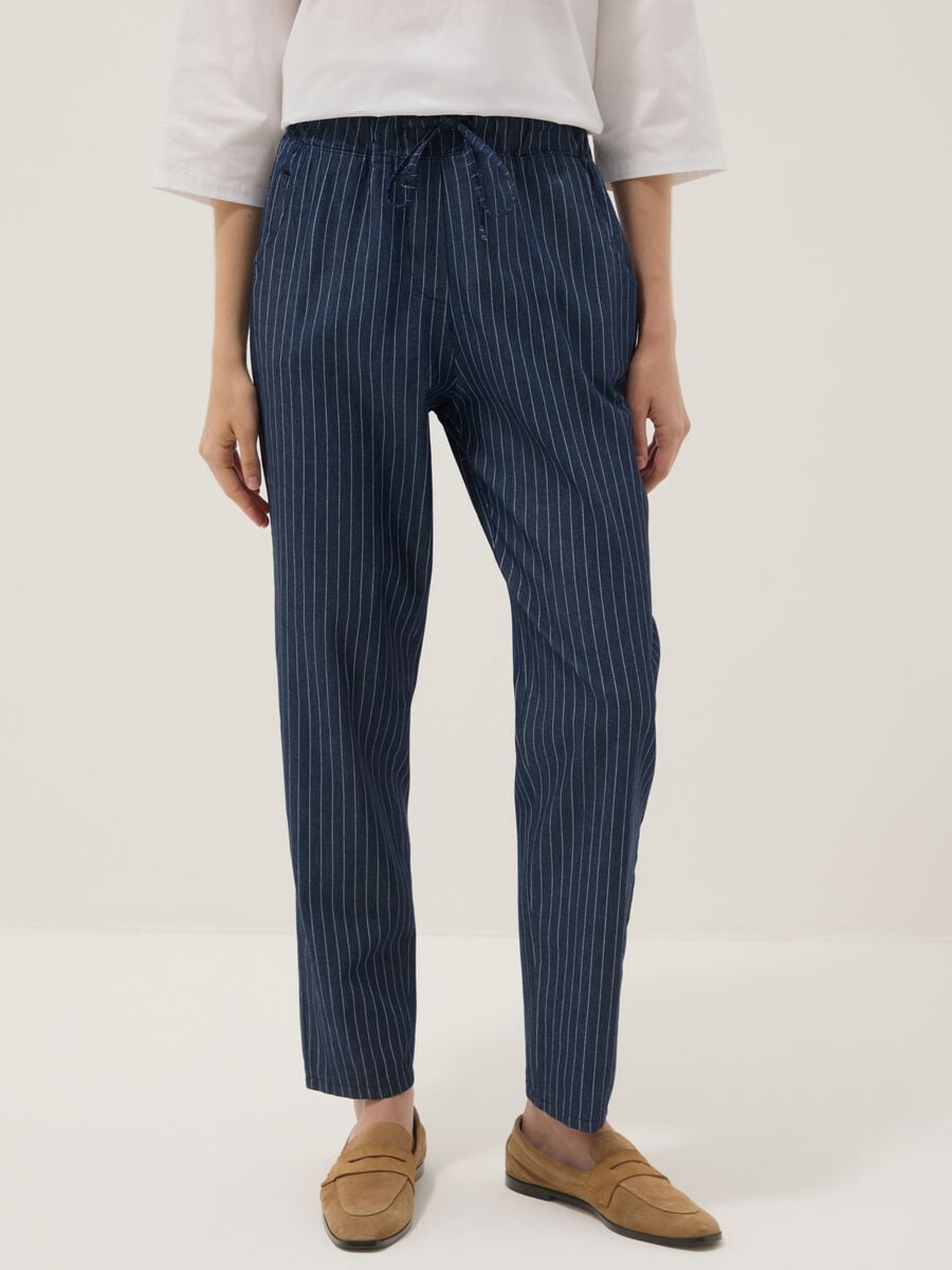 Pantaloni blu a righe in puro cotone_1