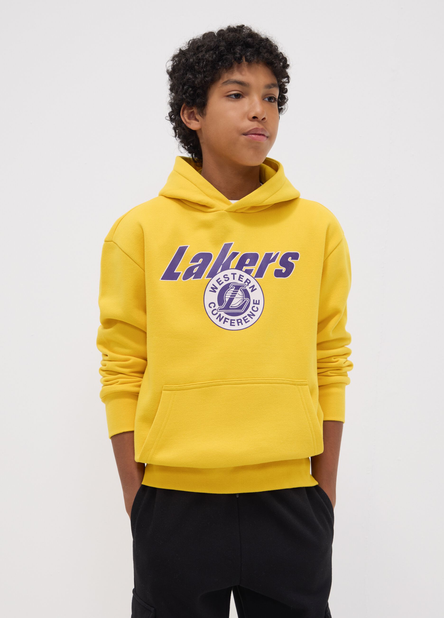 Yellow cotton-blend hoodie with Lakers print for boys