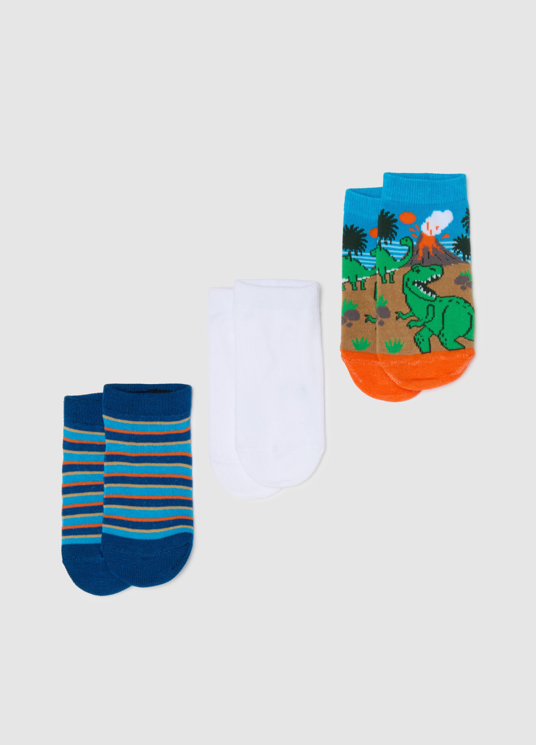 Three-pair pack socks with stripes and dinosaurs design