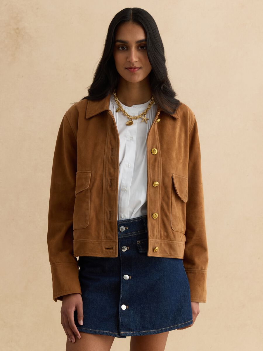 Regular fit brown genuine leather jacket with buttons_0