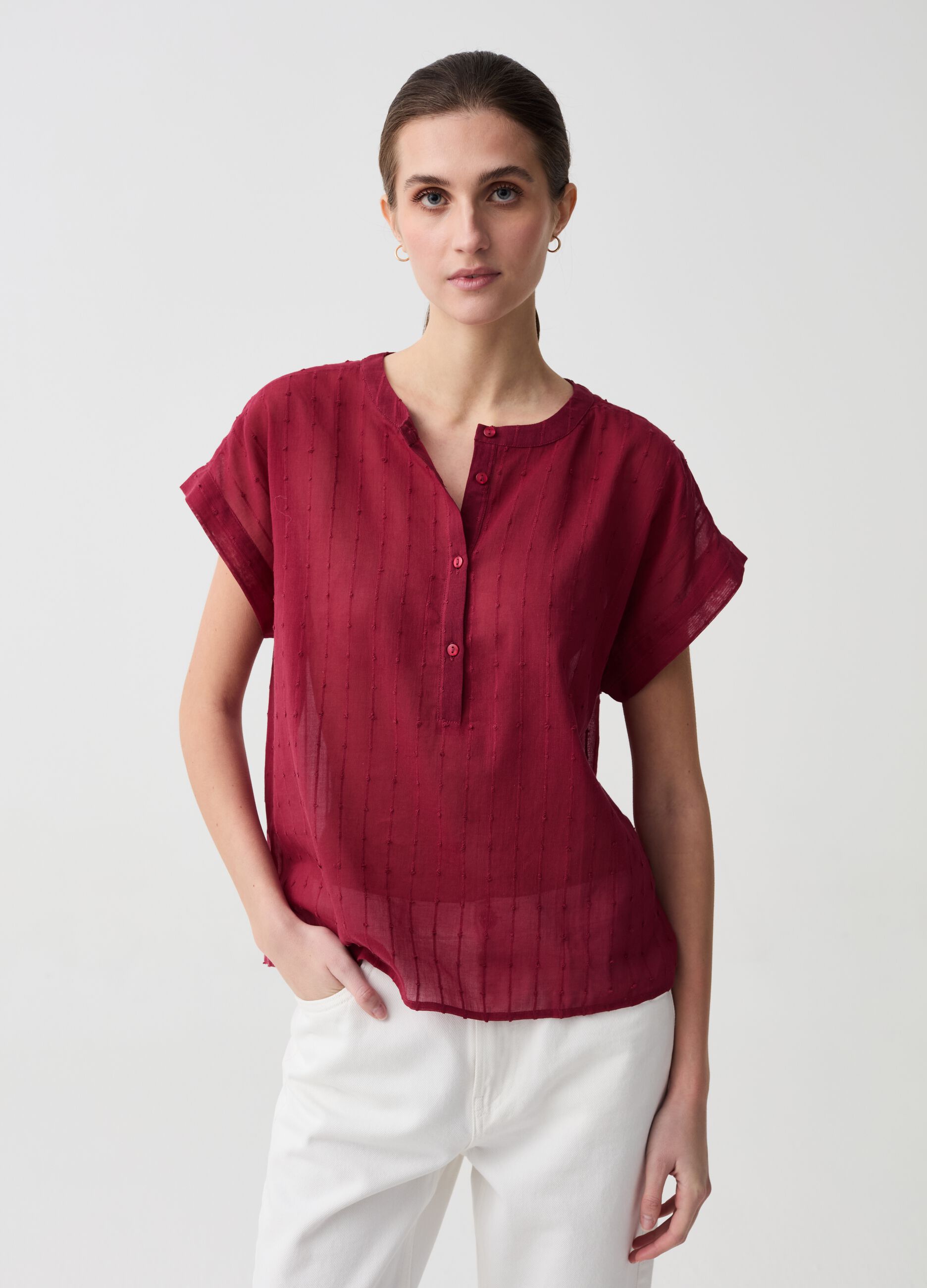 Cotton dobby blouse with granddad neckline