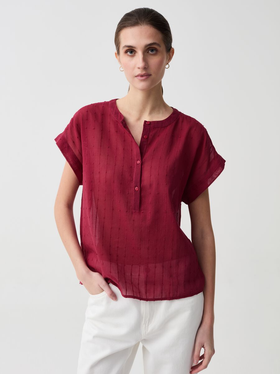 Cotton dobby blouse with granddad neckline_0