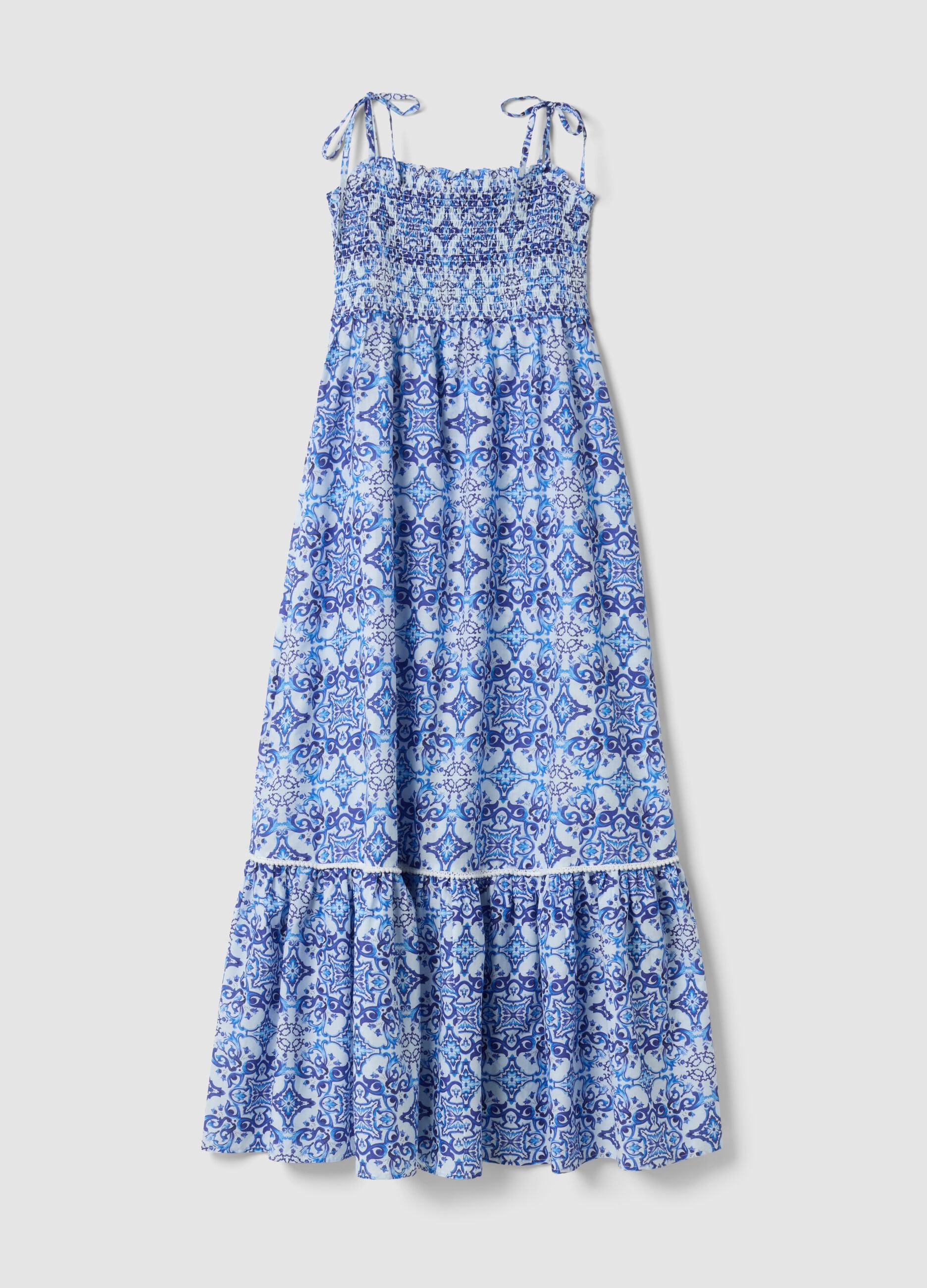 Abito lungo blu in puro cotone con spalline annodate