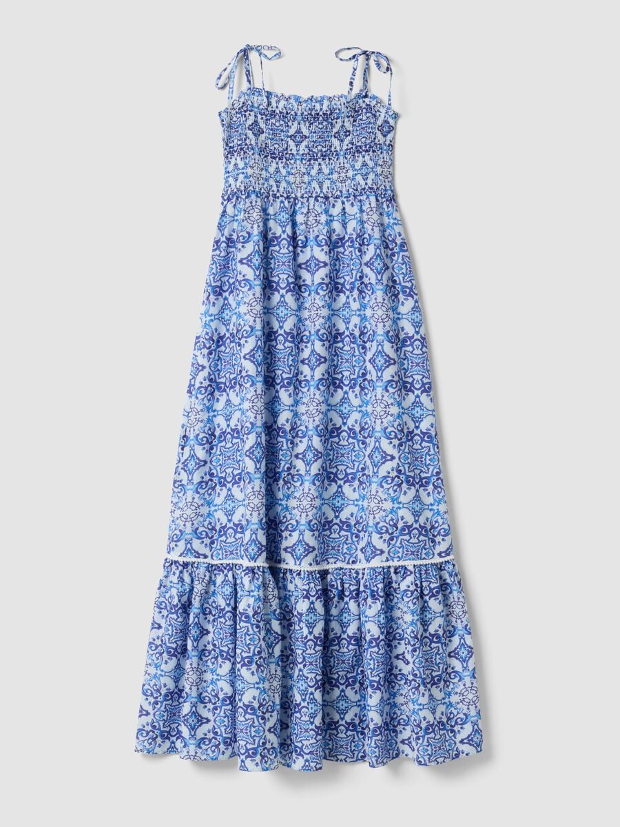 Abito lungo blu in puro cotone con spalline annodate_4