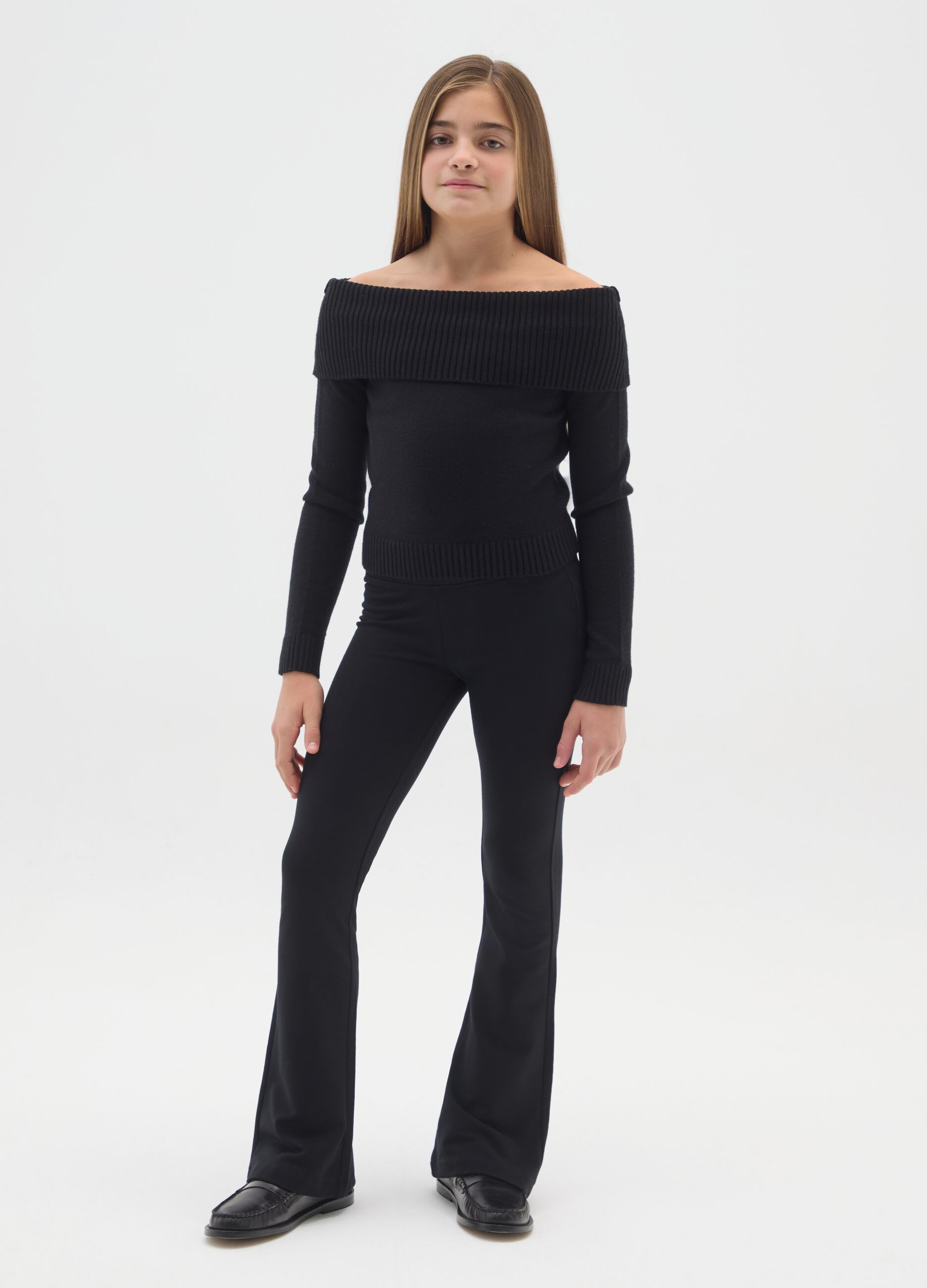 Girls' Black Cotton Blend Flare Trousers