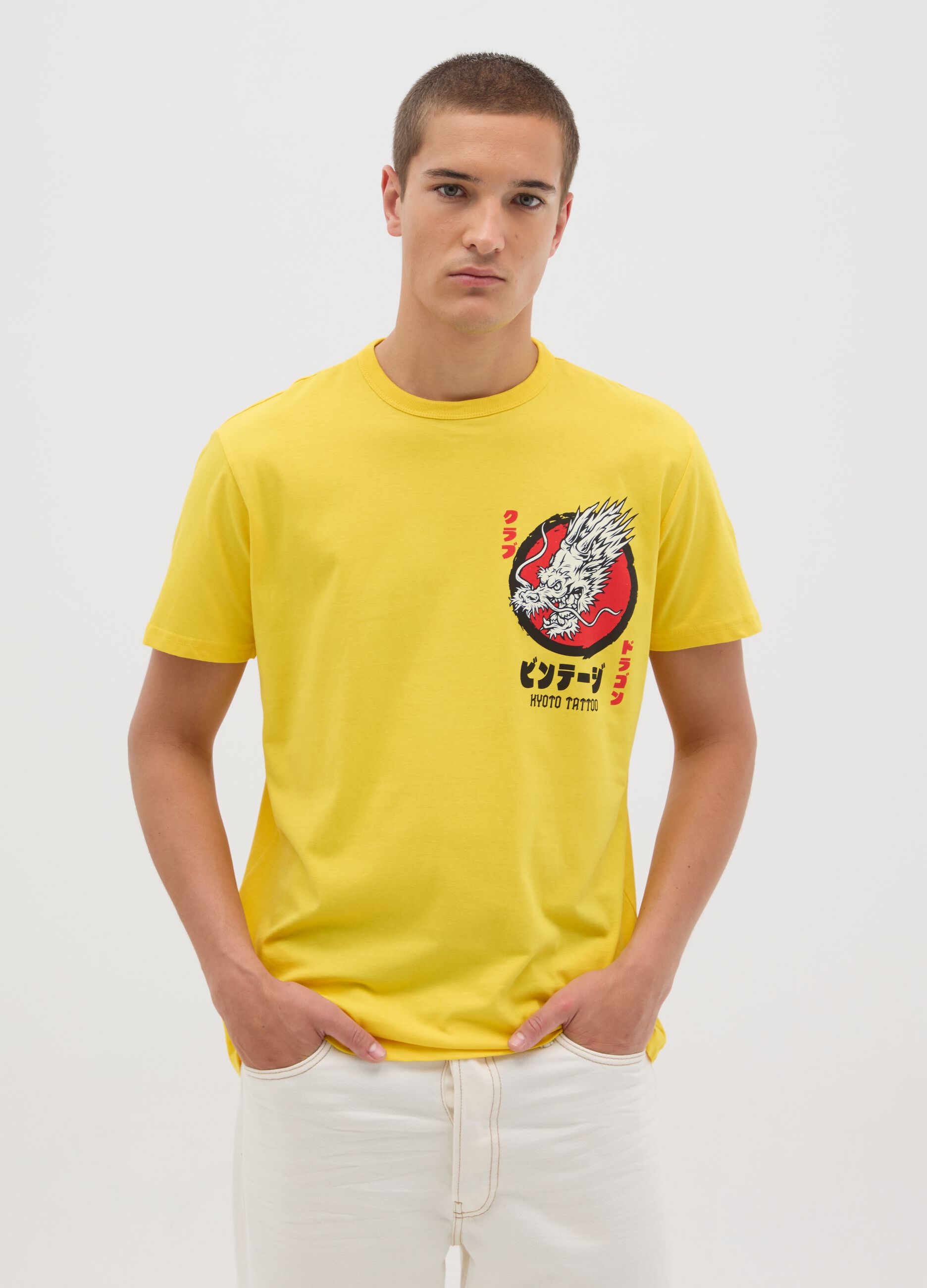 T-shirt da uomo in puro cotone gialla