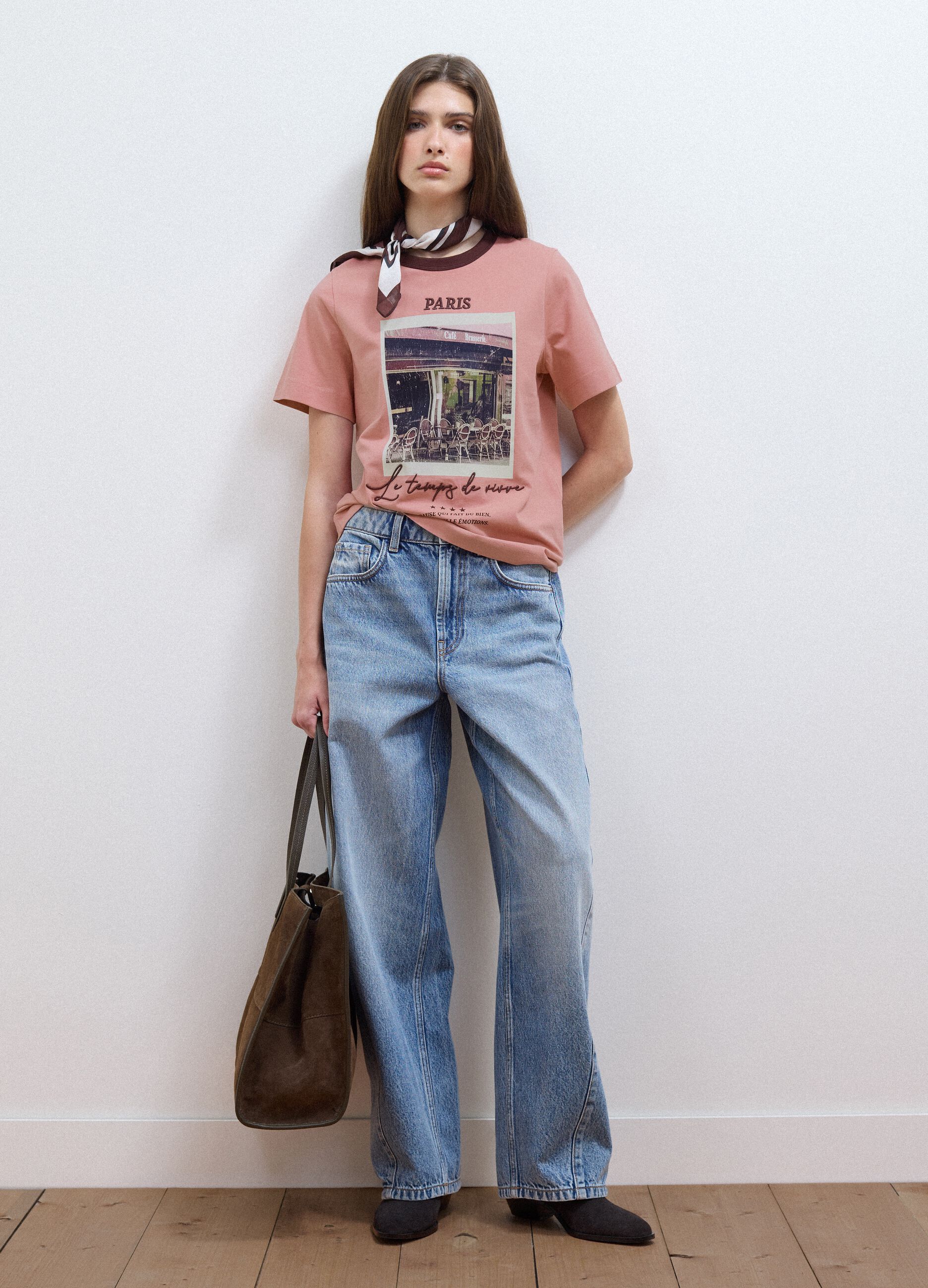 Pink pure cotton T-shirt with Paris print
