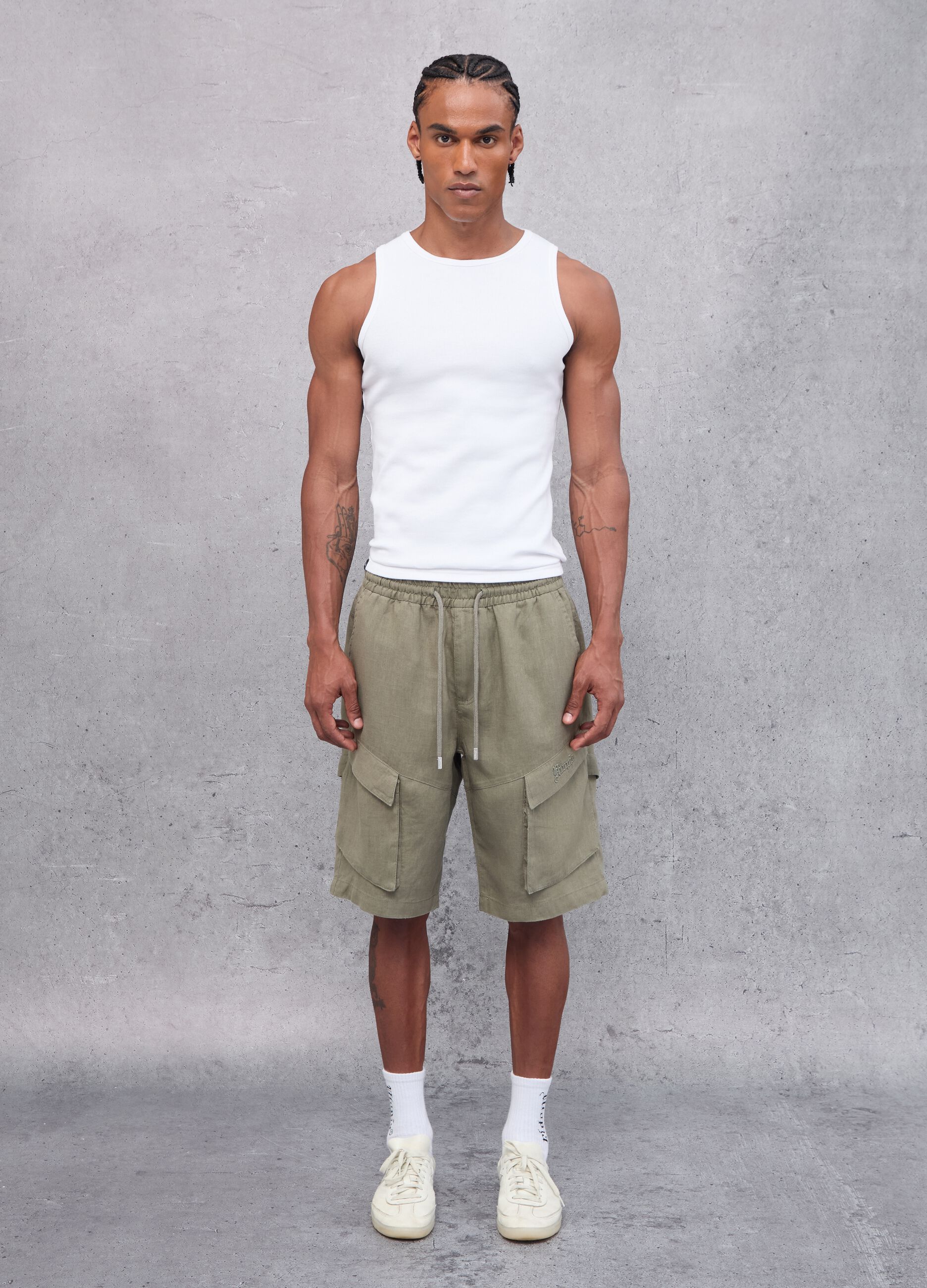 100% Linen Cargo Shorts Military Green