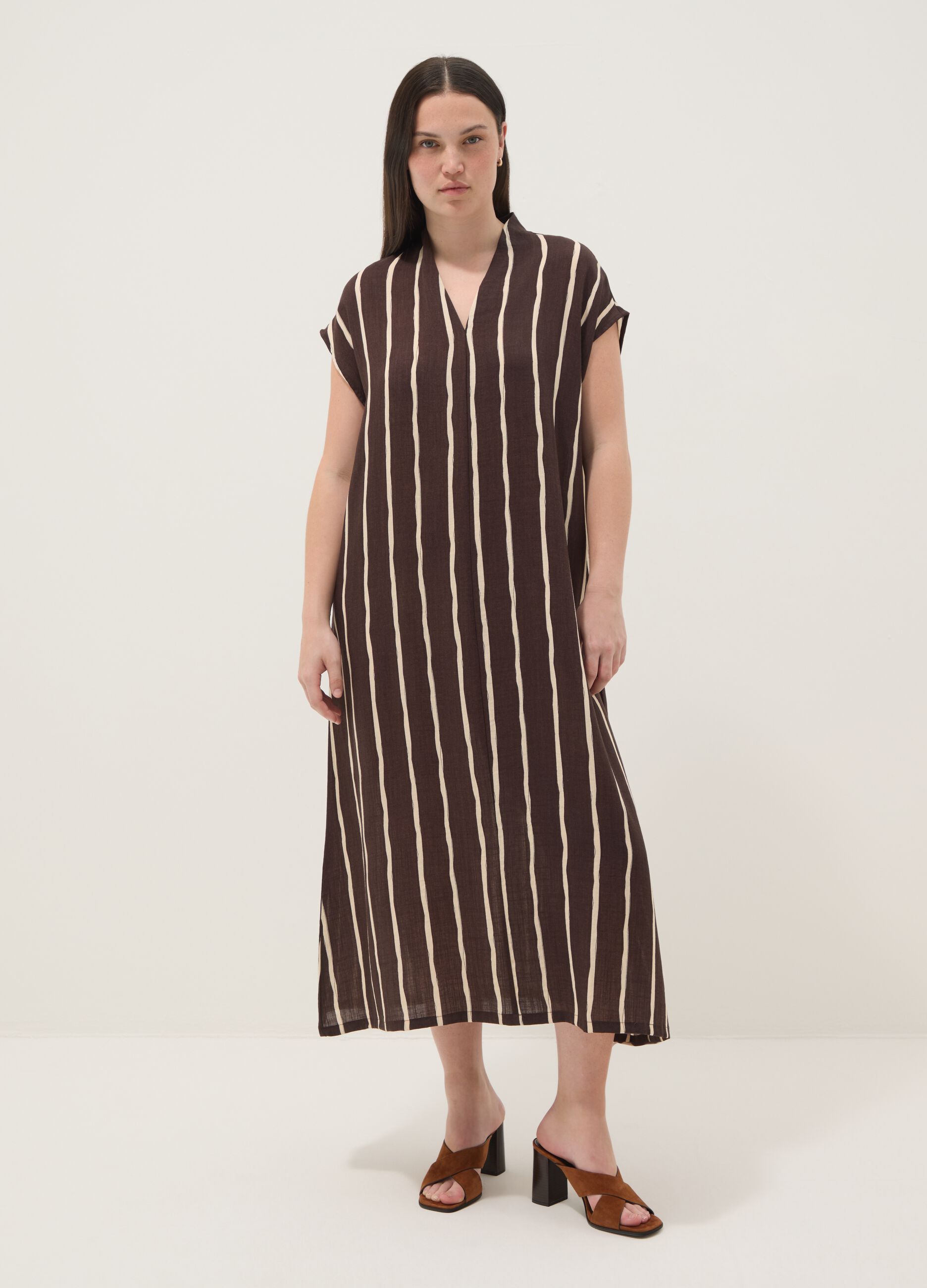 Brown striped viscose-blend midi dress