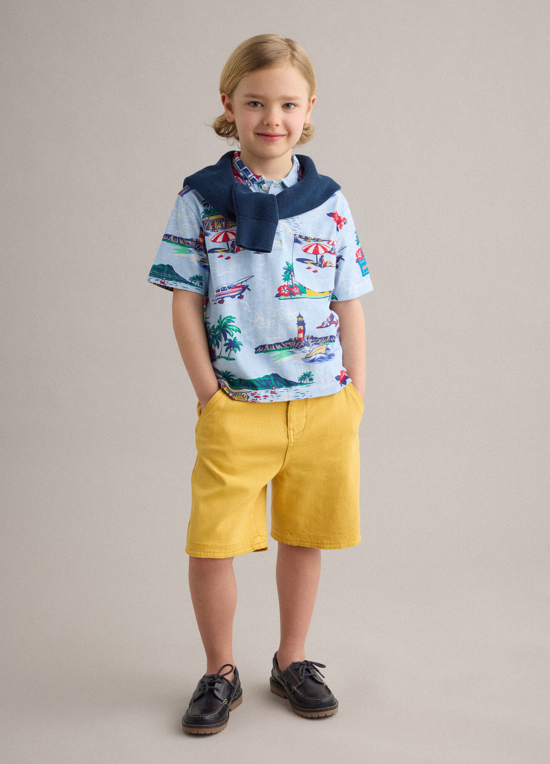 Shorts cargo baggy in cotone elasticizzato gialli da bambino