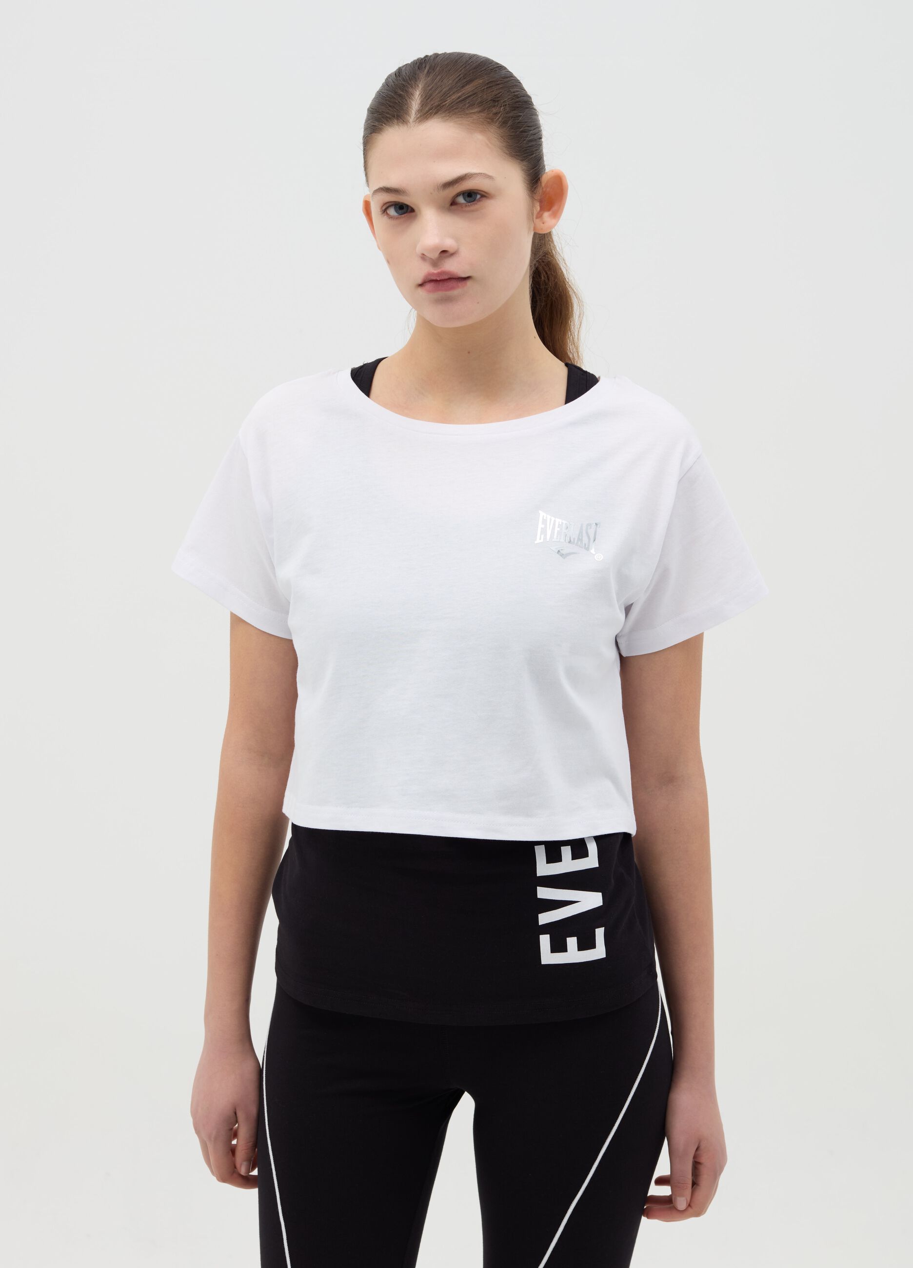 Layered-effect crop T-shirt with print