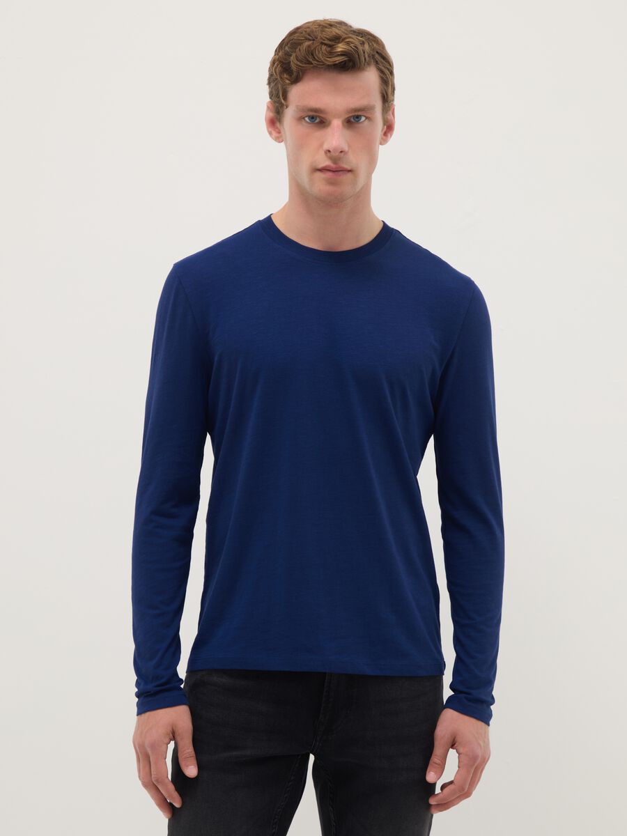 Blue long-sleeve T-shirt in pure cotton, regular fit_0