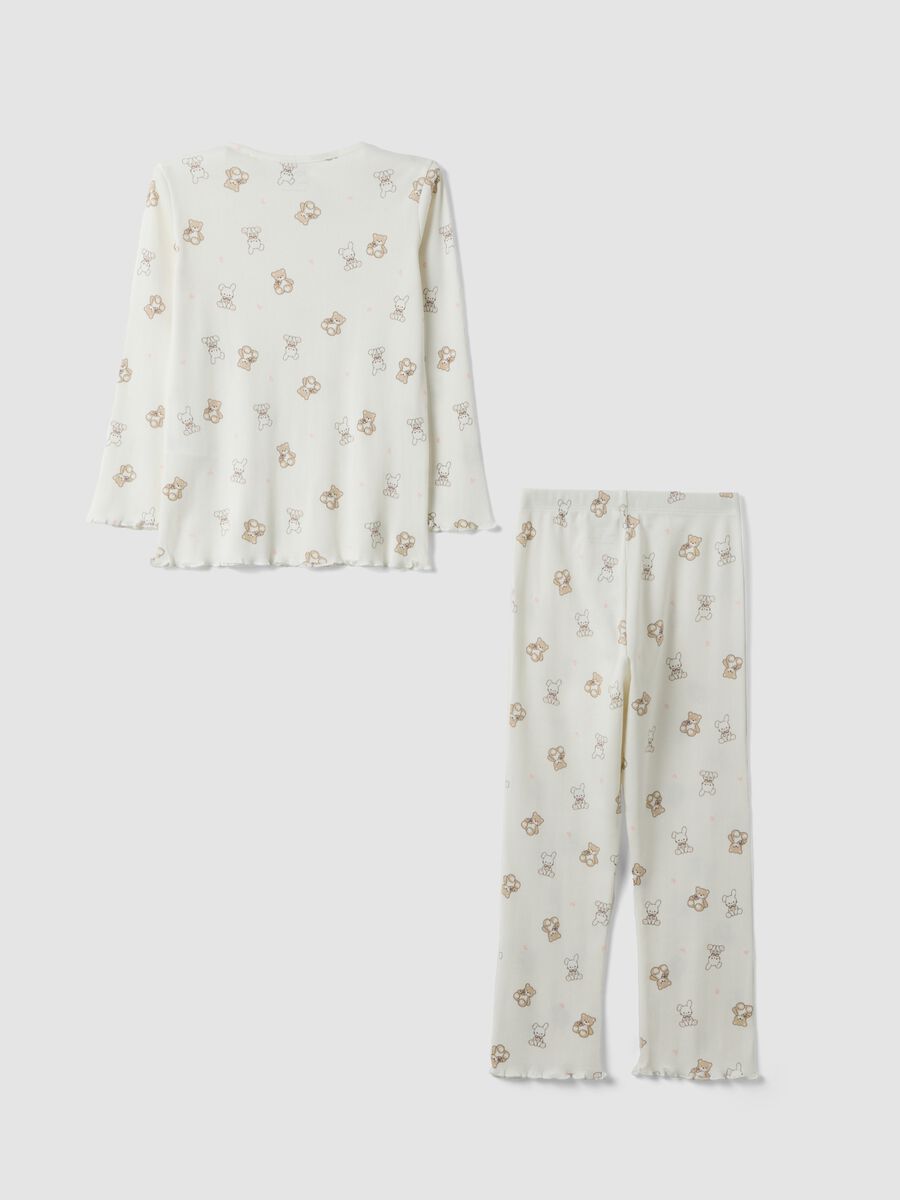 White pure organic cotton ribbed pyjamas with teddy bears for girls_1