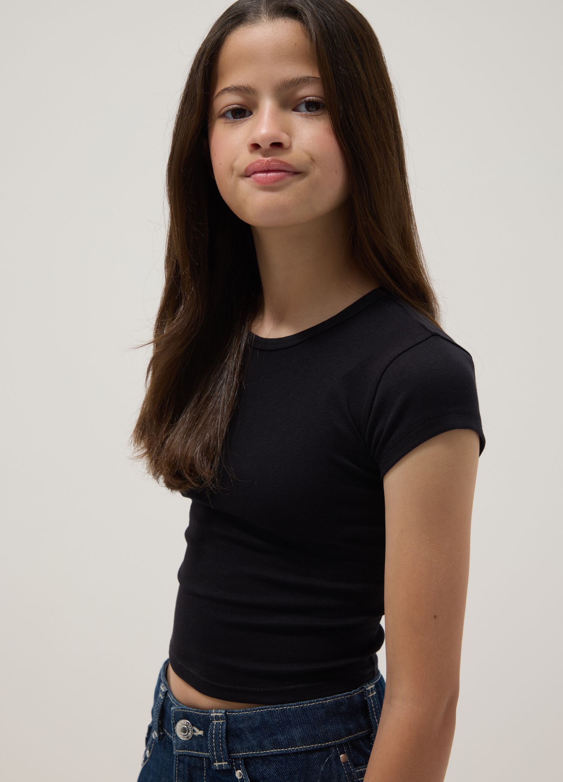 Girls&rsquo; black fitted stretch-cotton T-shirt