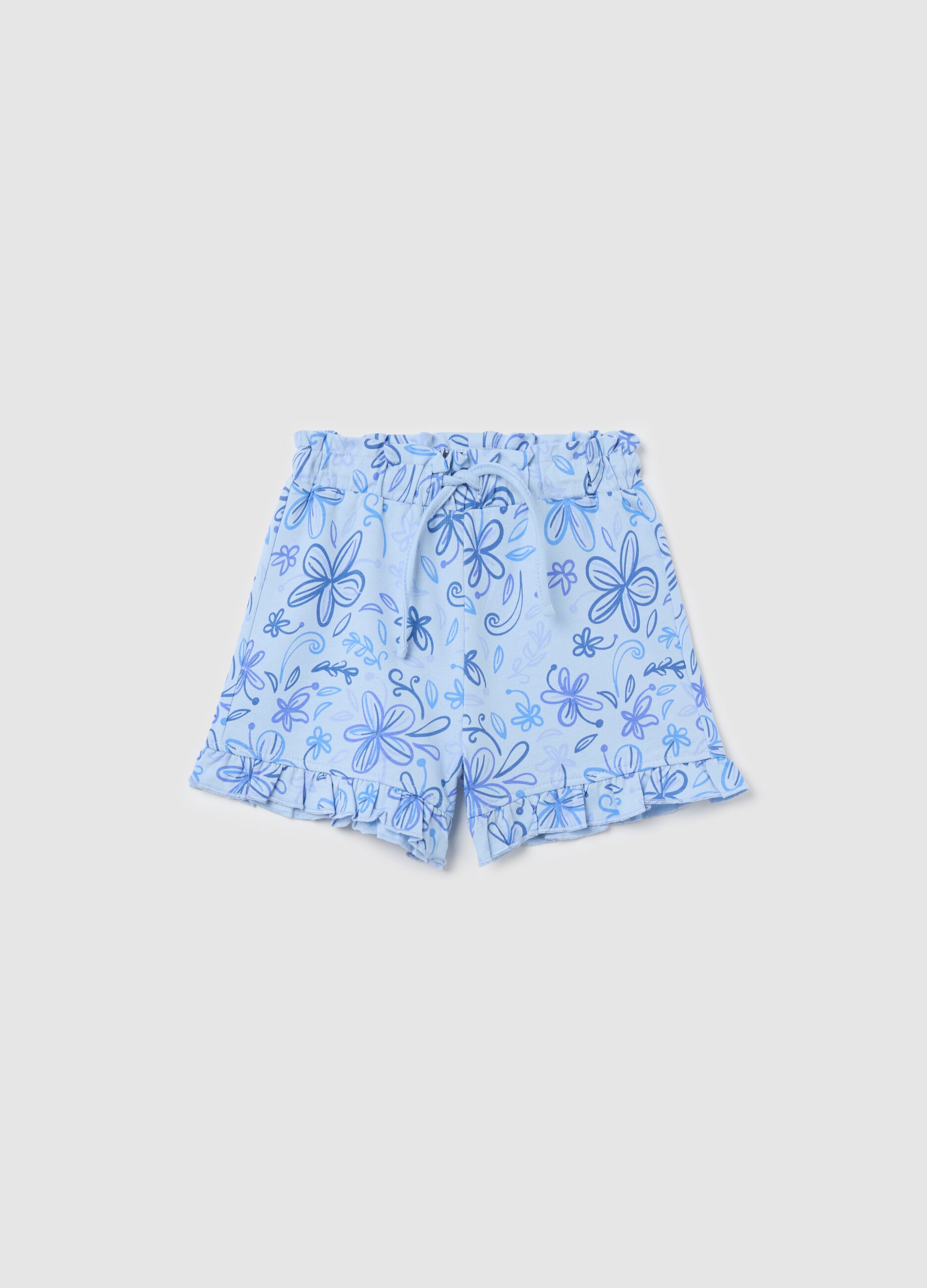 Light blue French terry shorts with drawstring and print