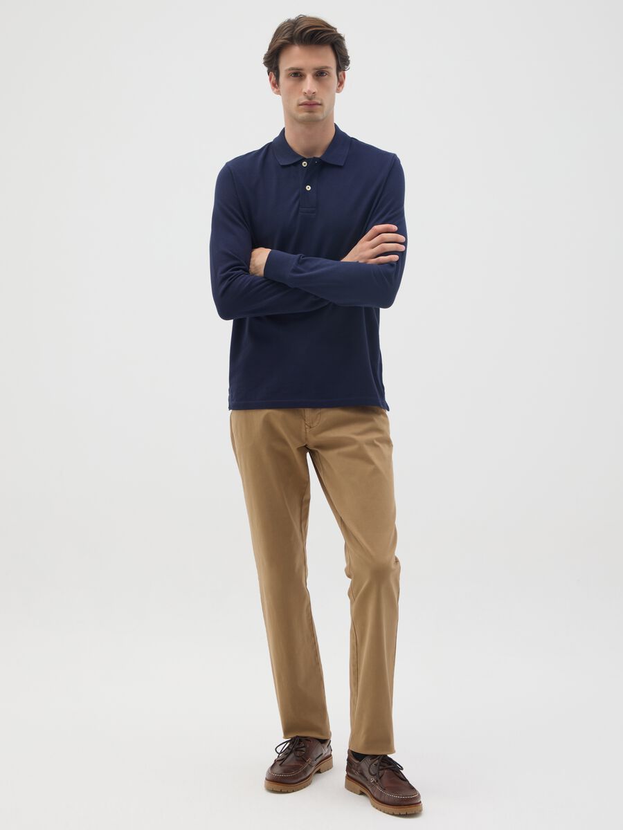 Brown slim fit stretch cotton trousers_0
