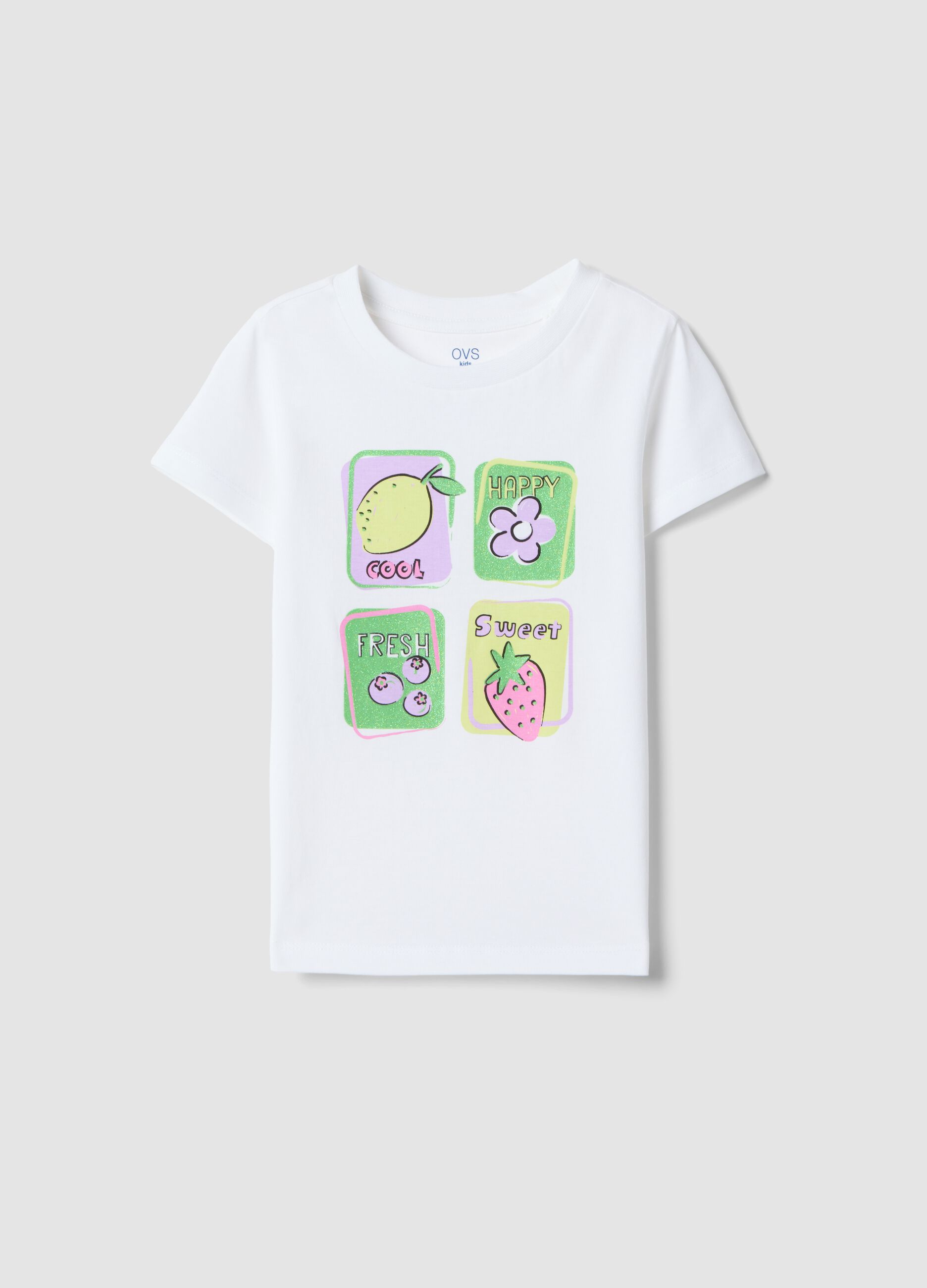 Girls' white pure cotton t-shirt regular fit with fruit