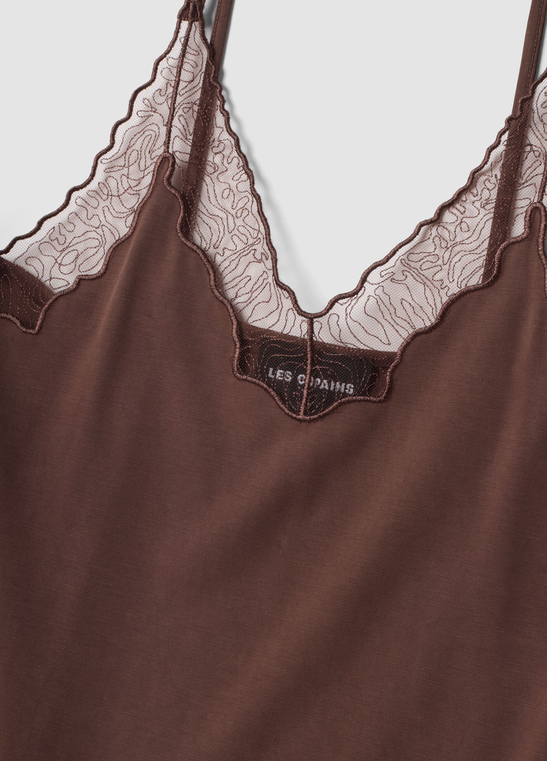 Brown stretch viscose tank top with lace and V-neckline