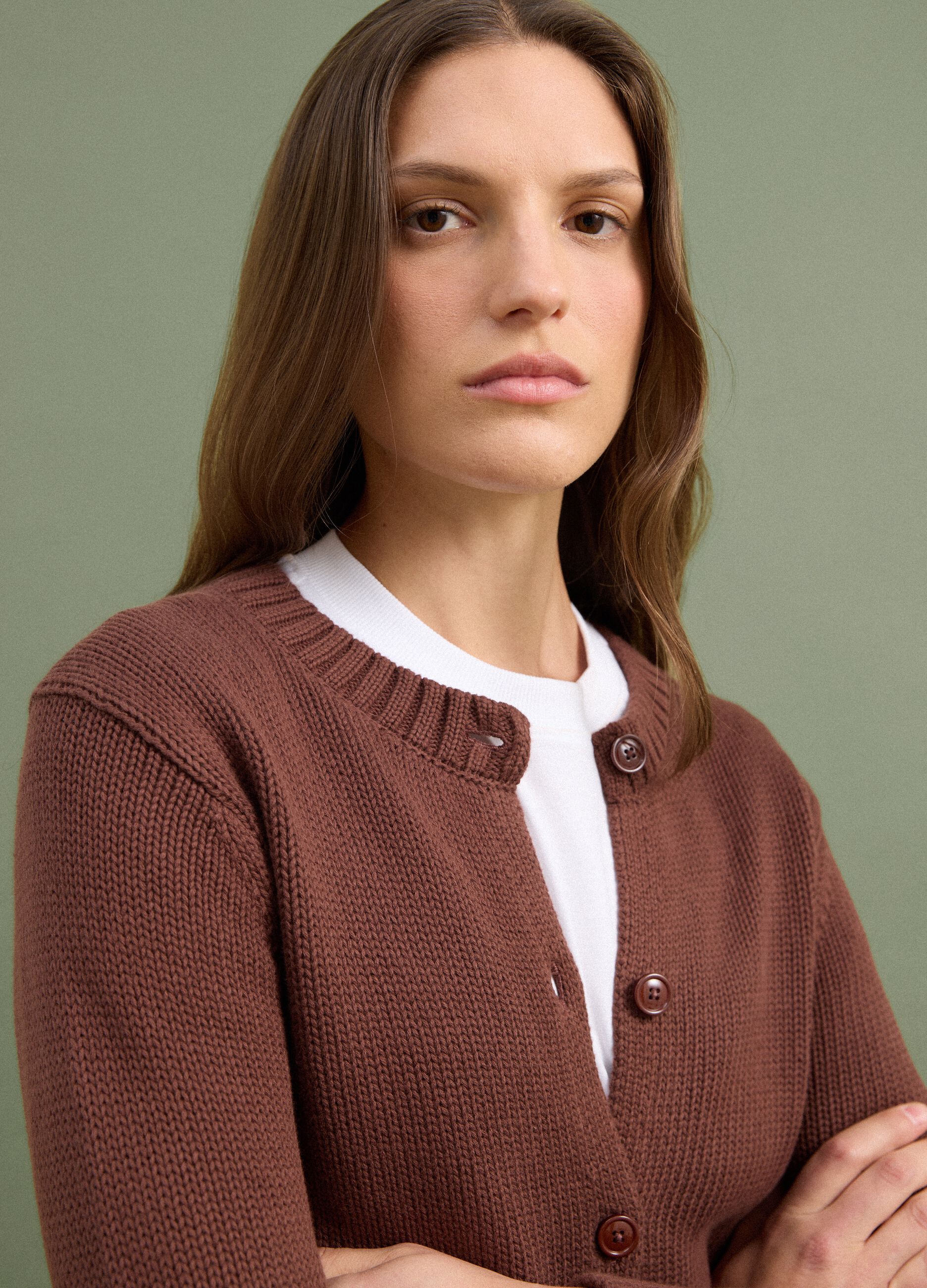 Brown pure cotton button-up cardigan, regular fit