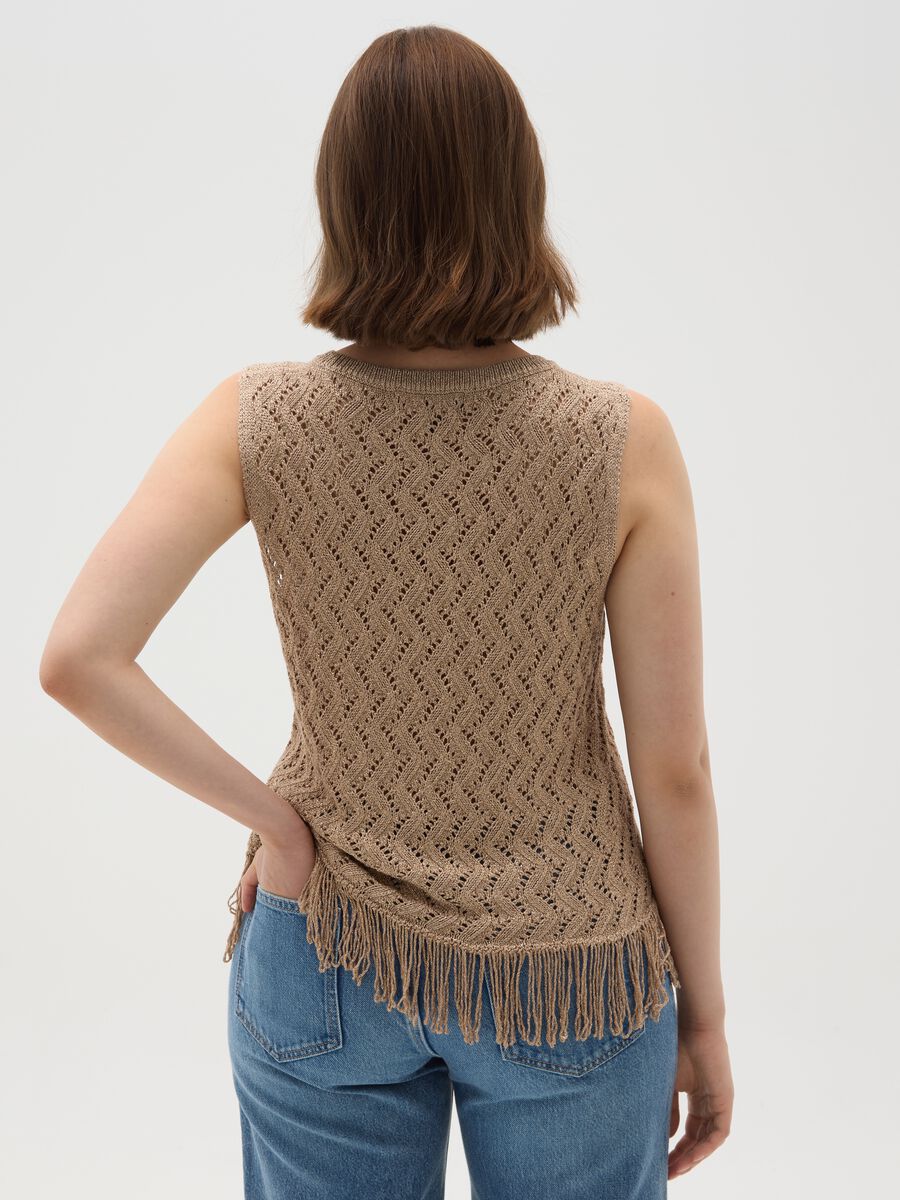 Brown knitted women's top regular fit with fringes_3
