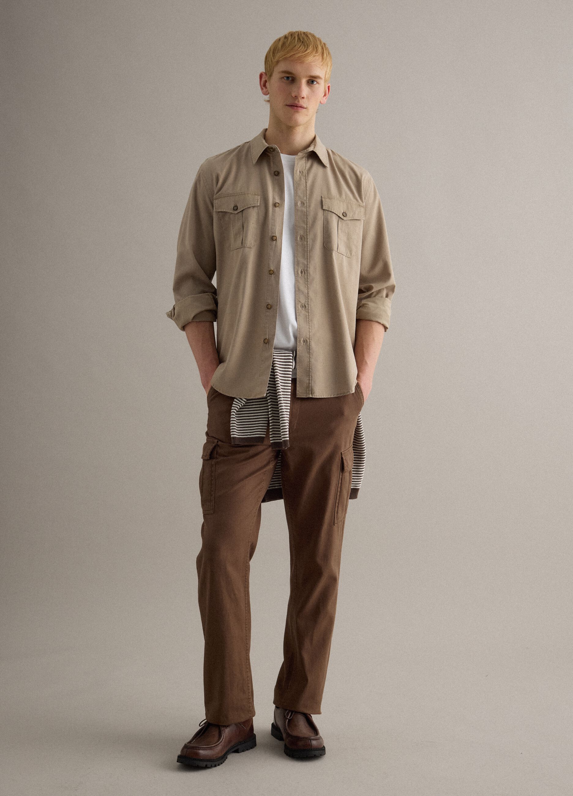 Beige oversized long sleeve shirt in Lyocell and cotton