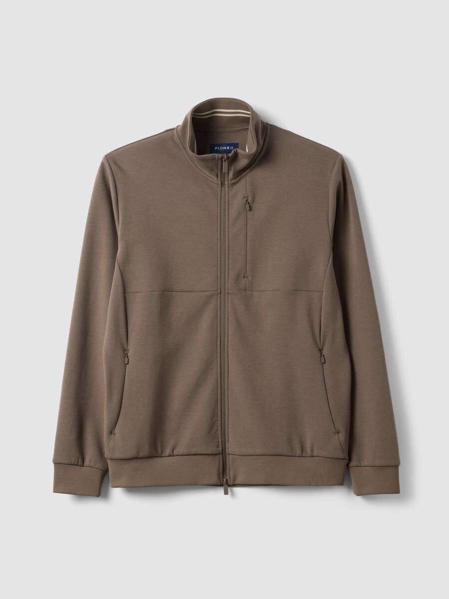 Brown cotton blend regular fit sweatshirt with full zip and high collar_4