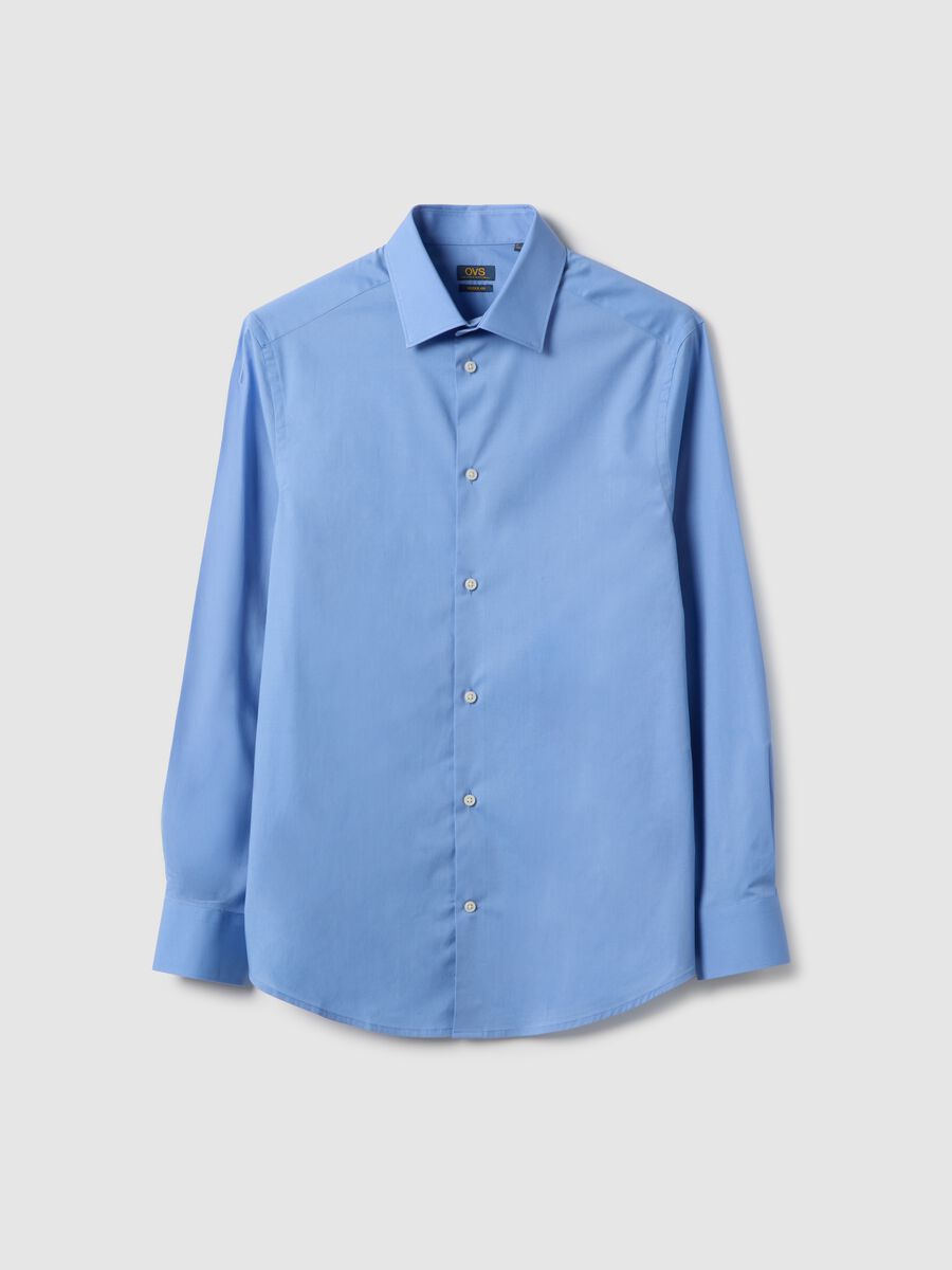 Blue stretch cotton regular fit shirt with classic collar_4