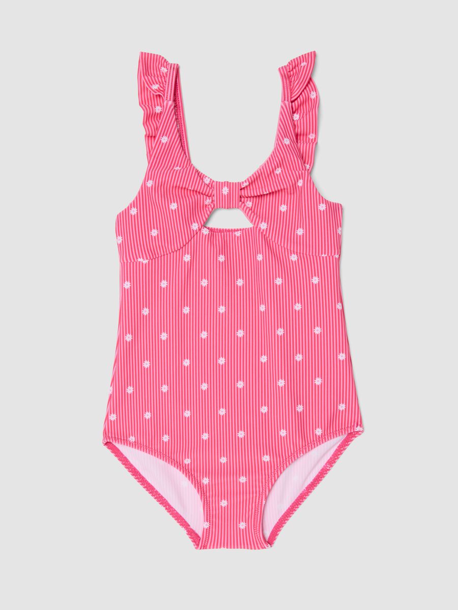 Costume intero rosa in tessuto elasticizzato a righe con volant_0