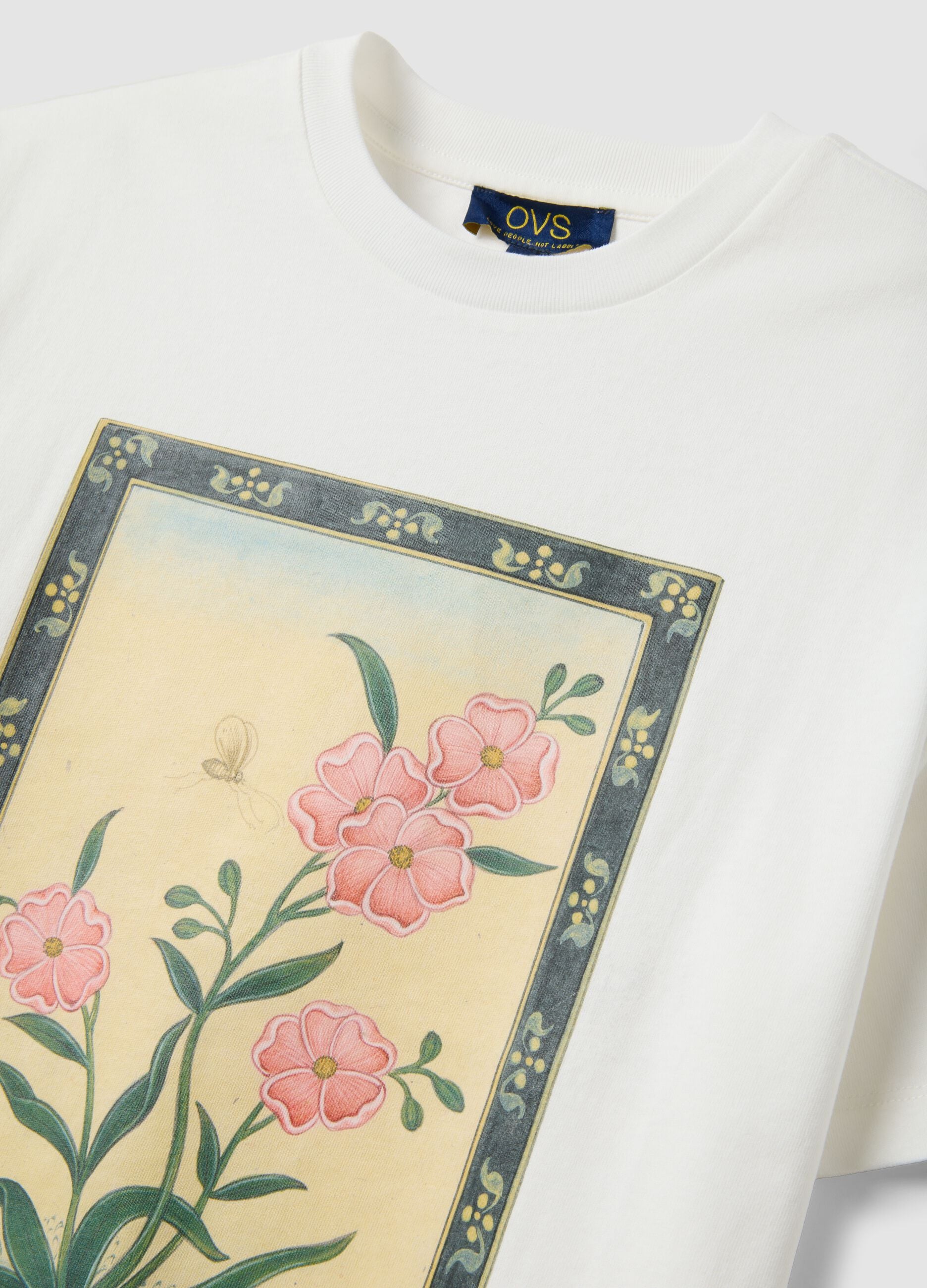 White pure cotton T-shirt with floral print