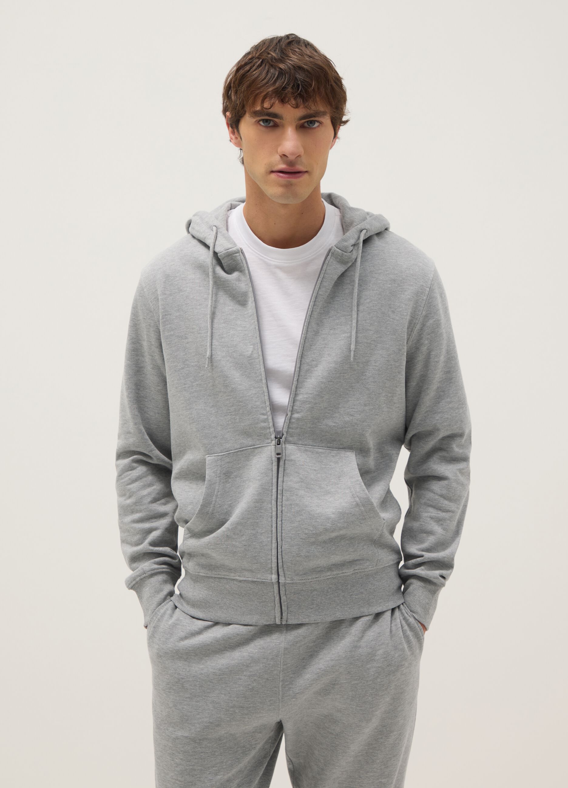 Grey cotton blend regular fit hoodie with zip