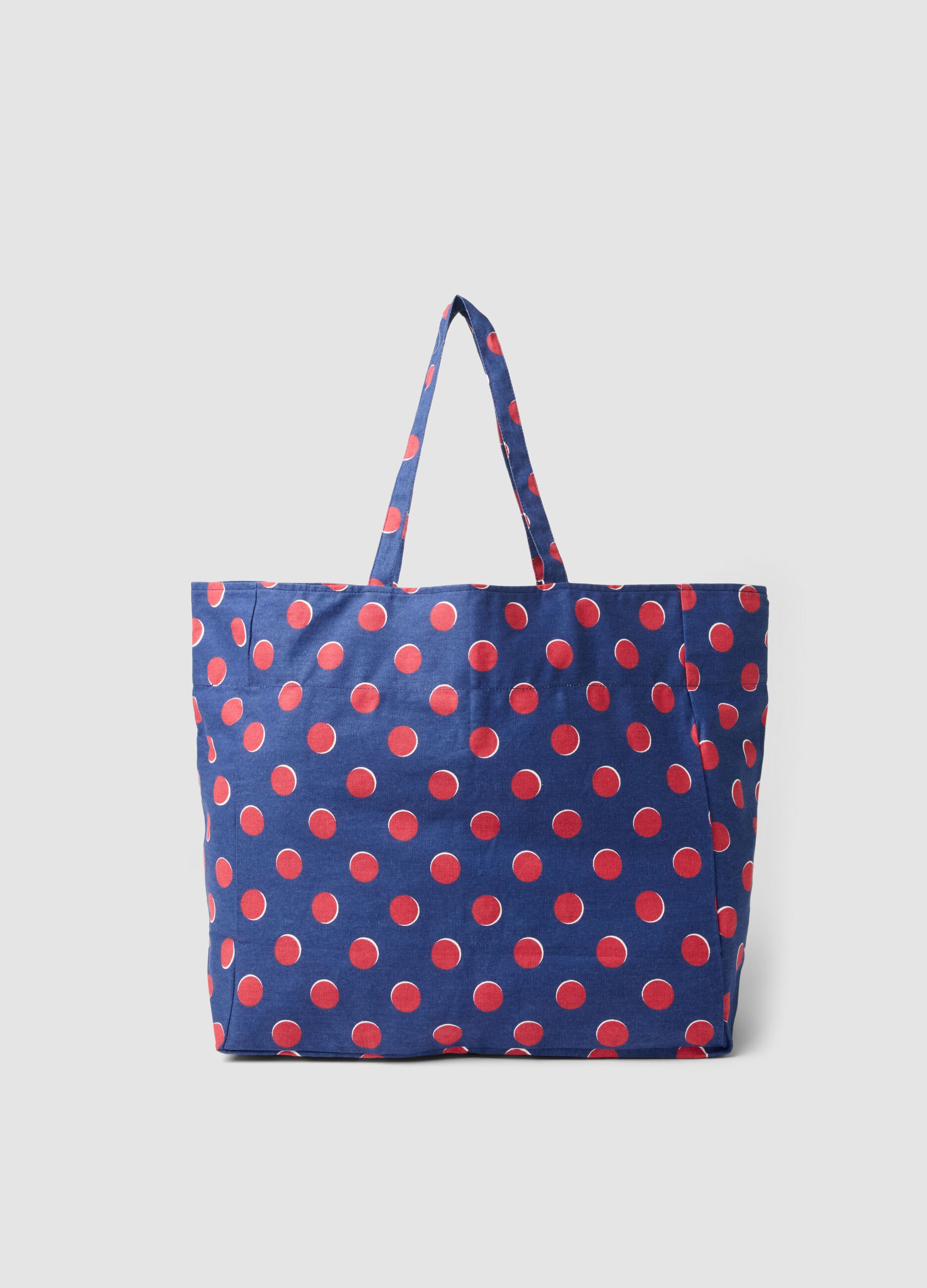 Blue pure cotton beach bag with red polka dots