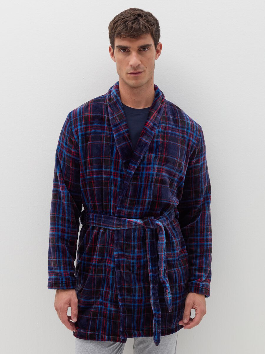 Long dressing gown in fleece with tartan pattern_1