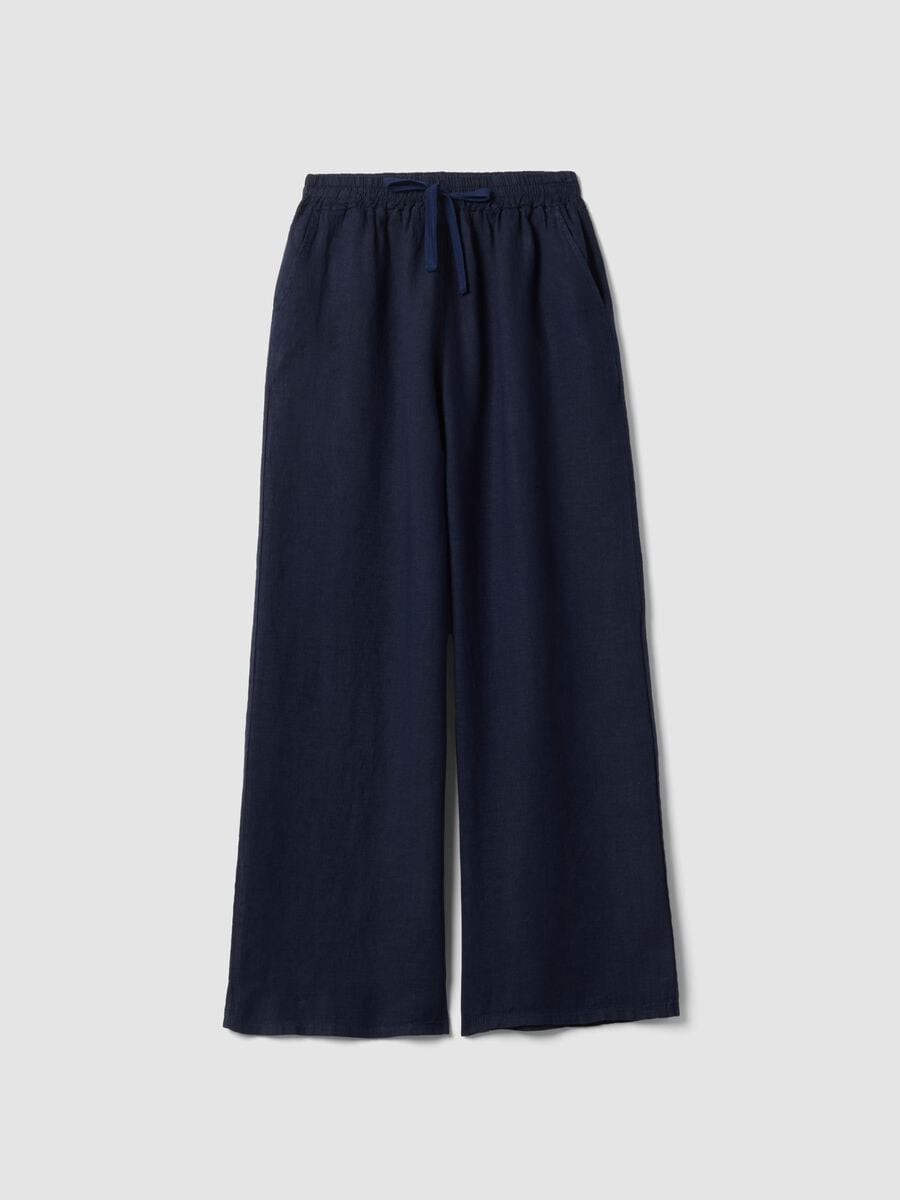Pantaloni blu palazzo in puro lino_0