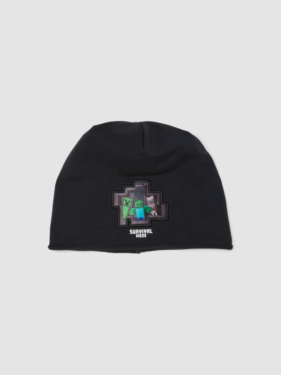 Cappello nero in cotone elasticizzato con ricamo Minecraft per bambino_0
