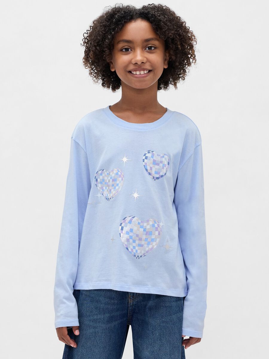 T-shirt azzurra a maniche lunghe in cotone con cuori decorativi_0