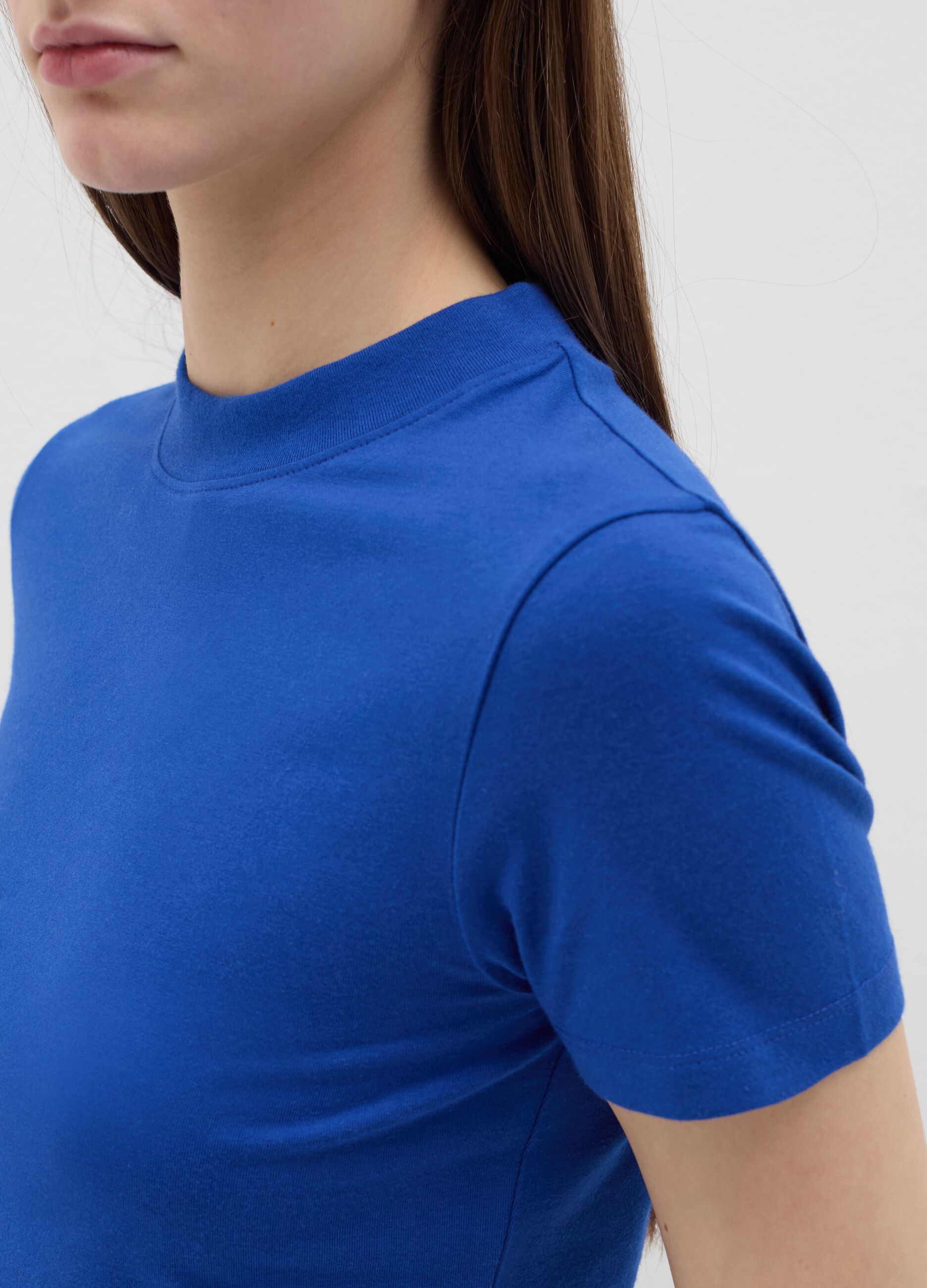 Stretch cotton T-shirt with mock neck