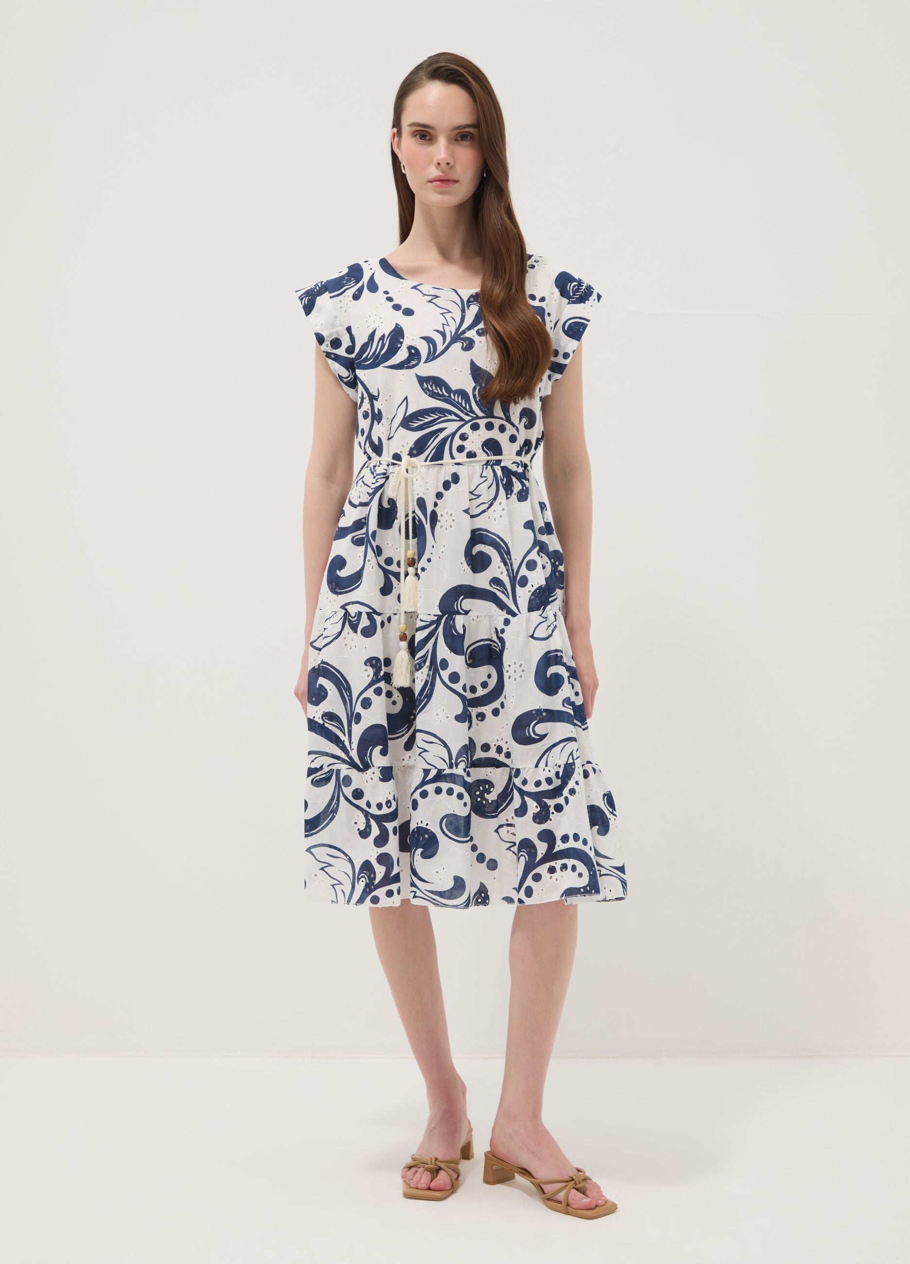 Blue and white pure cotton dress with all-over print and rope belt